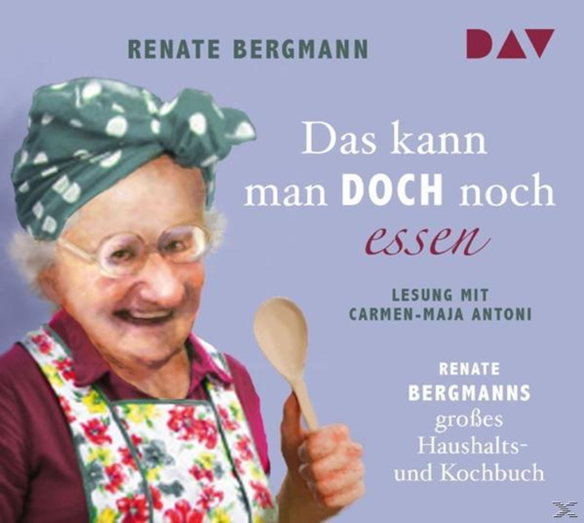 Ältere Frau mit Kopftuch und Kochlöffel, davor Buchtitel von Renate Bergmann mit violettem Hintergrund.