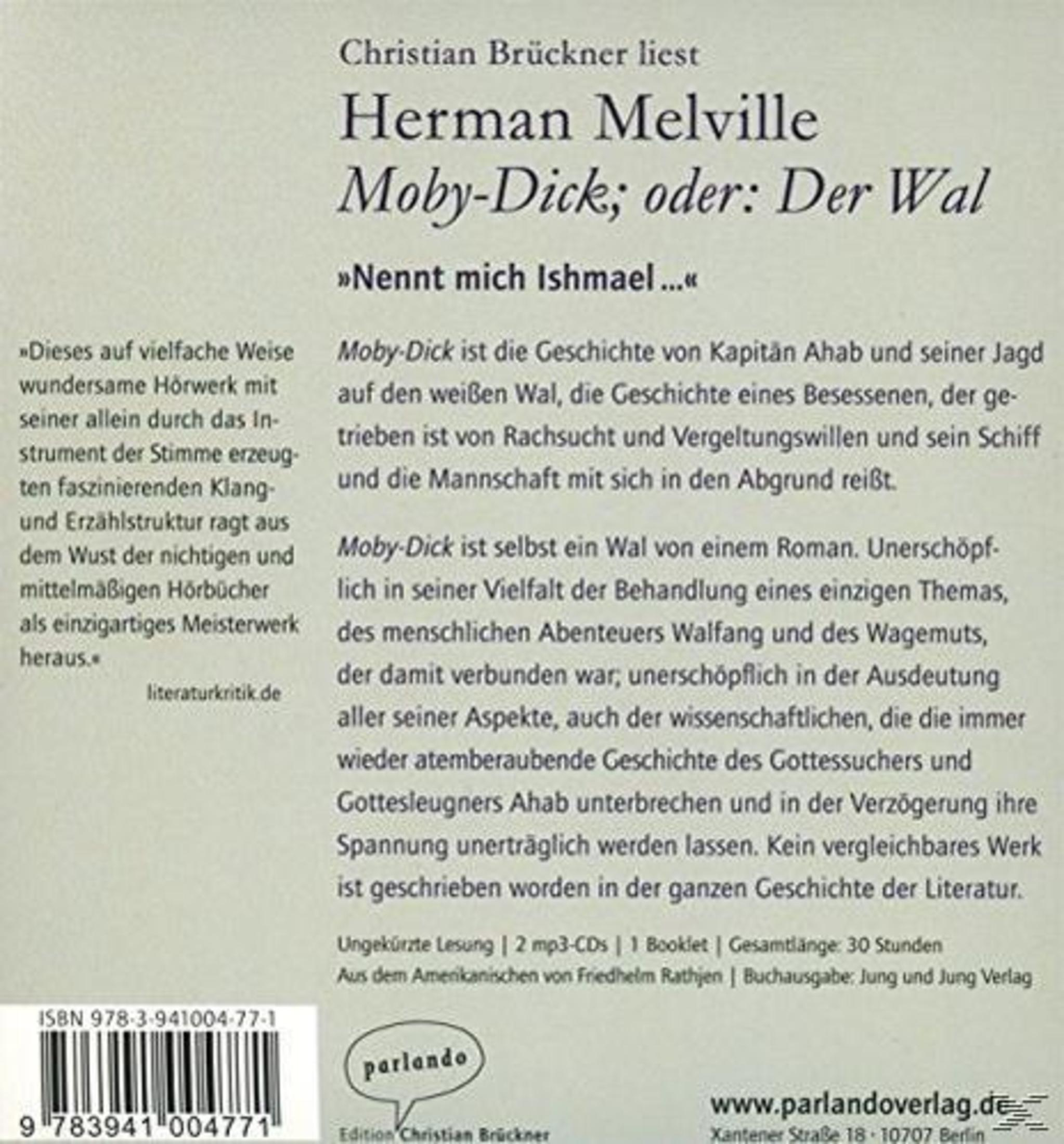 Rückseite eines Moby-Dick-Hörbuchs mit Beschreibung, ISBN-Barcode und Verlagsinfos.