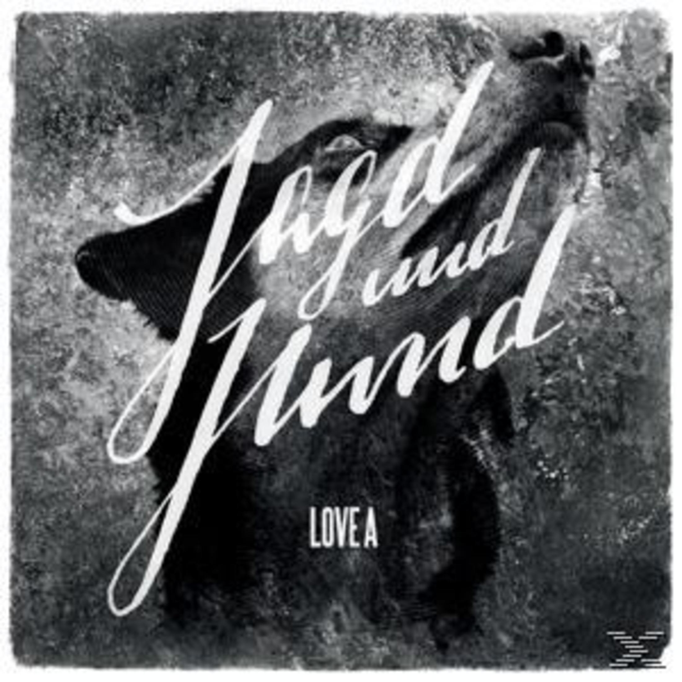 Schwarz-Weiß-Bild eines heulenden Hundes mit dem Schriftzug Jagd und Hund und Love A.