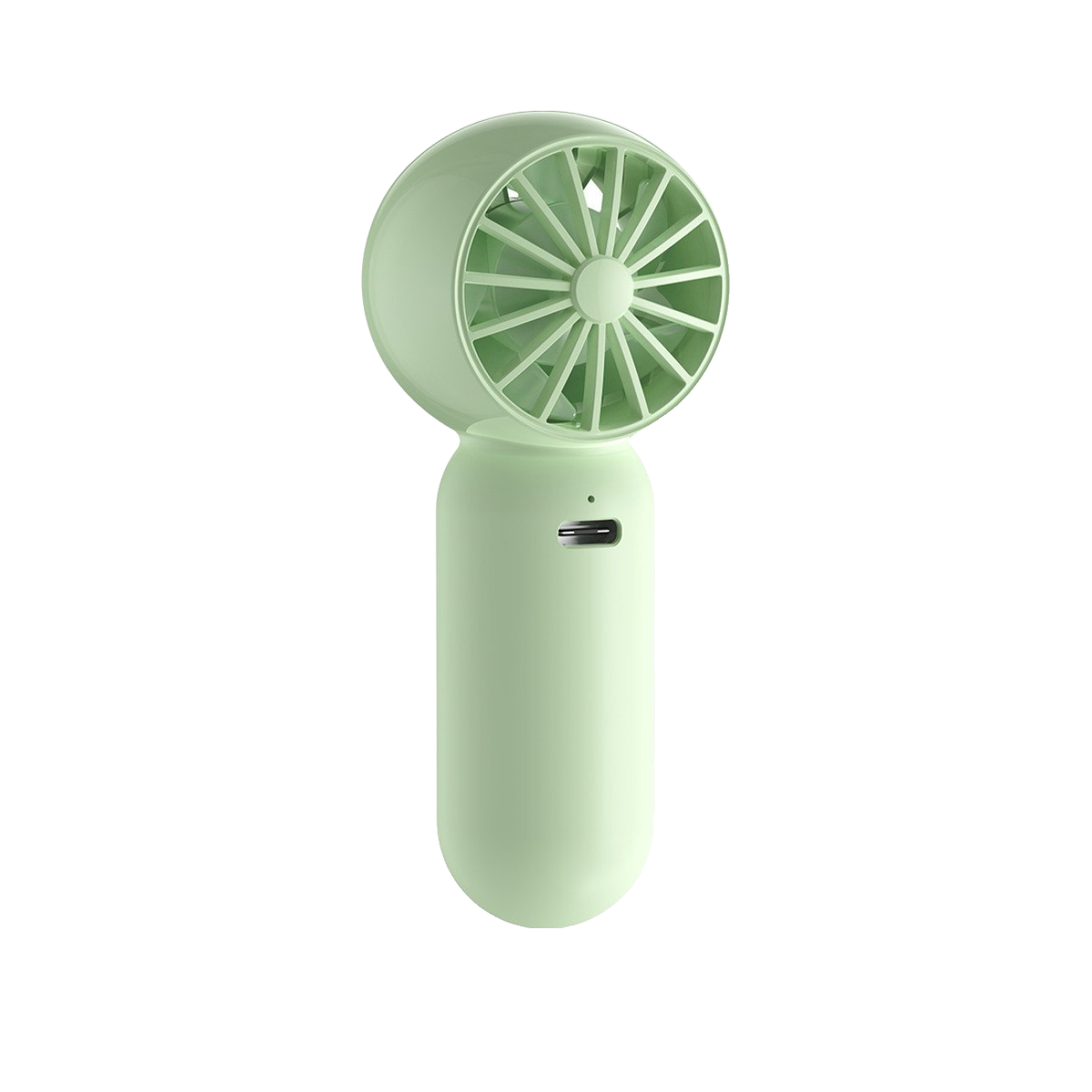 Ein tragbarer, hellgrüner Handventilator mit USB-C-Anschluss auf weißem Hintergrund.