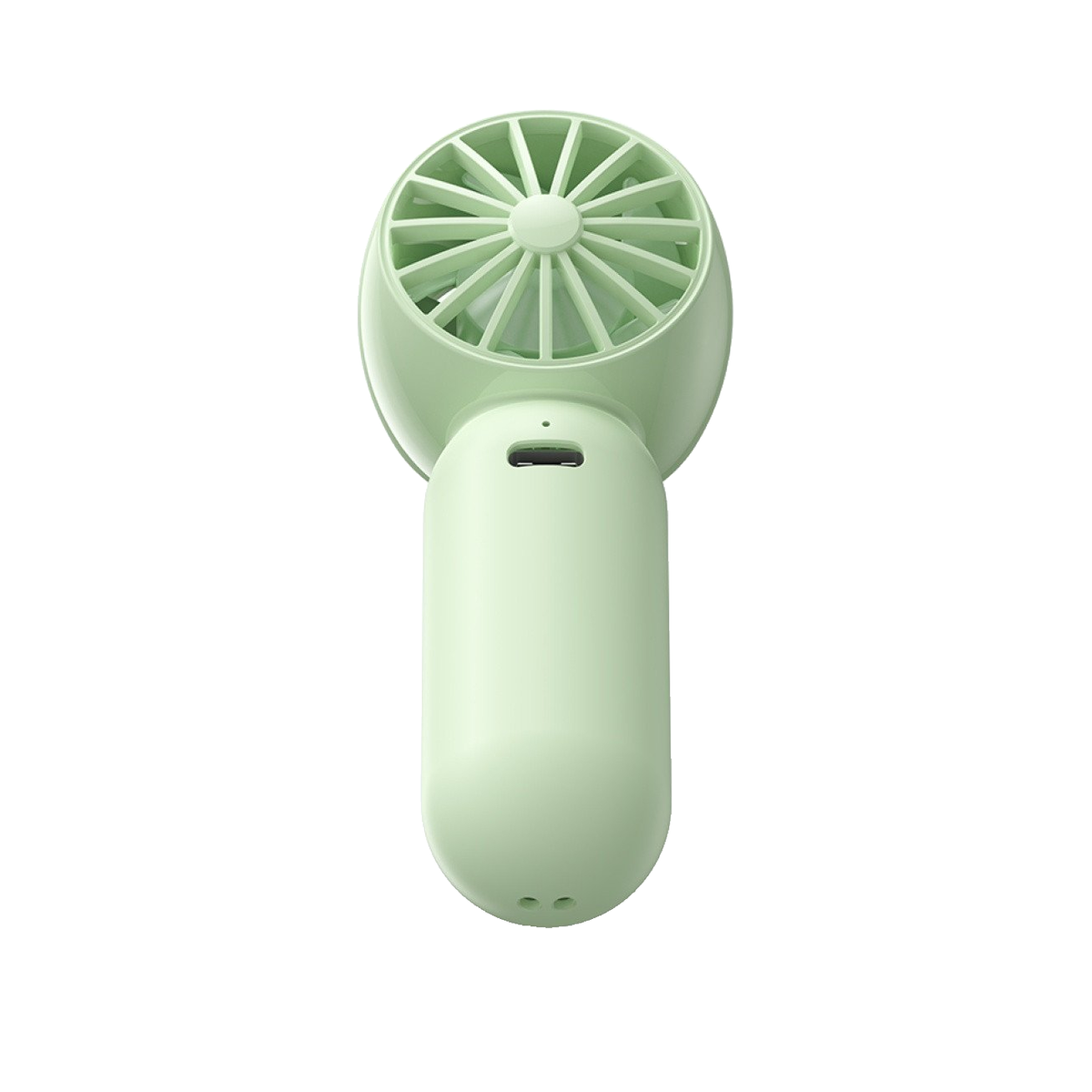 Ein tragbarer, hellgrüner Handventilator auf weißem Hintergrund mit einem USB-Anschluss.