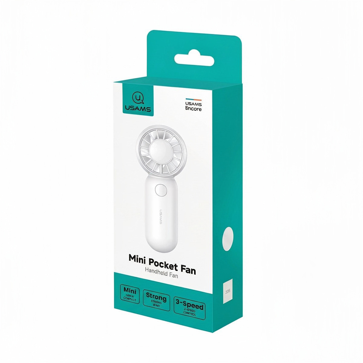 Eine türkisfarbene und weiße Verpackung für einen Usams Mini Pocket Handventilator.