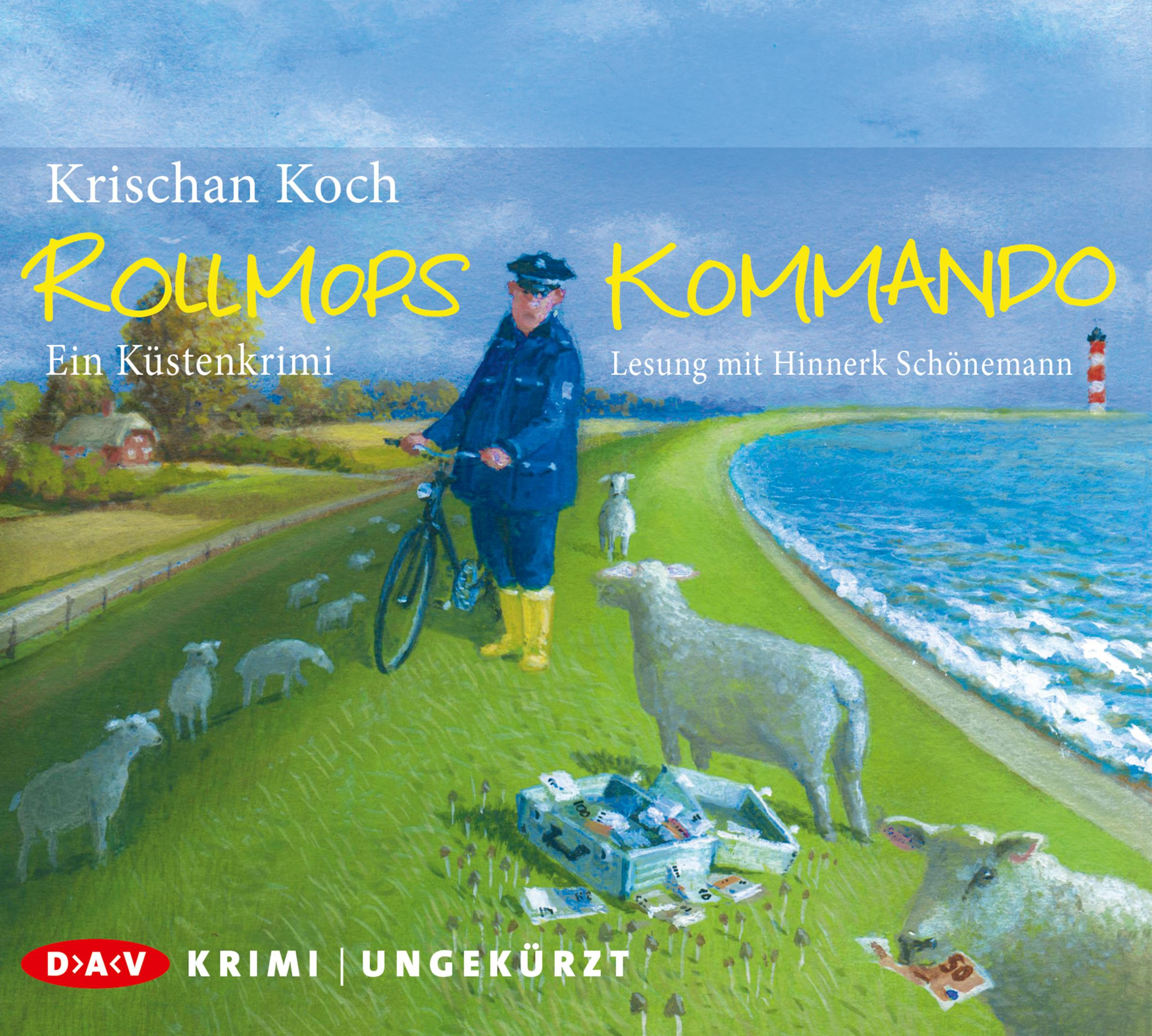 Ein Polizist mit Fahrrad steht auf einem grünen Deich mit Schafen, neben ihm eine offene Geldkassette und das Meer.