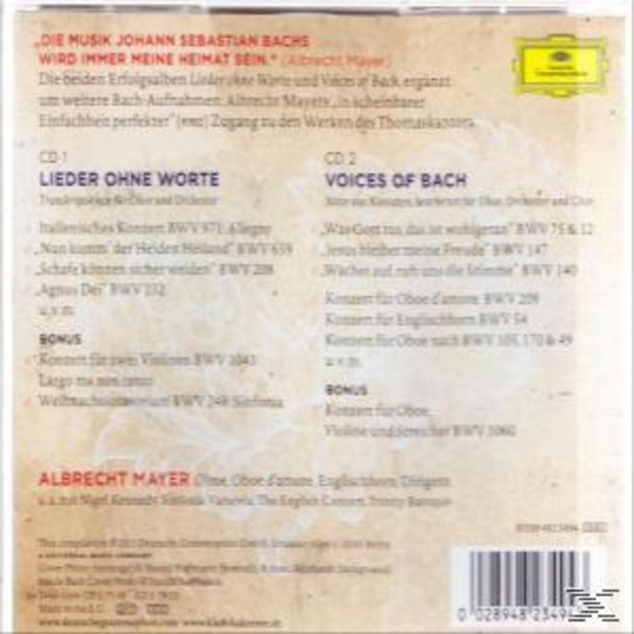 Rückseite einer CD-Hülle mit Titelliste und Barcode für Albrecht Mayers Bach-Album.