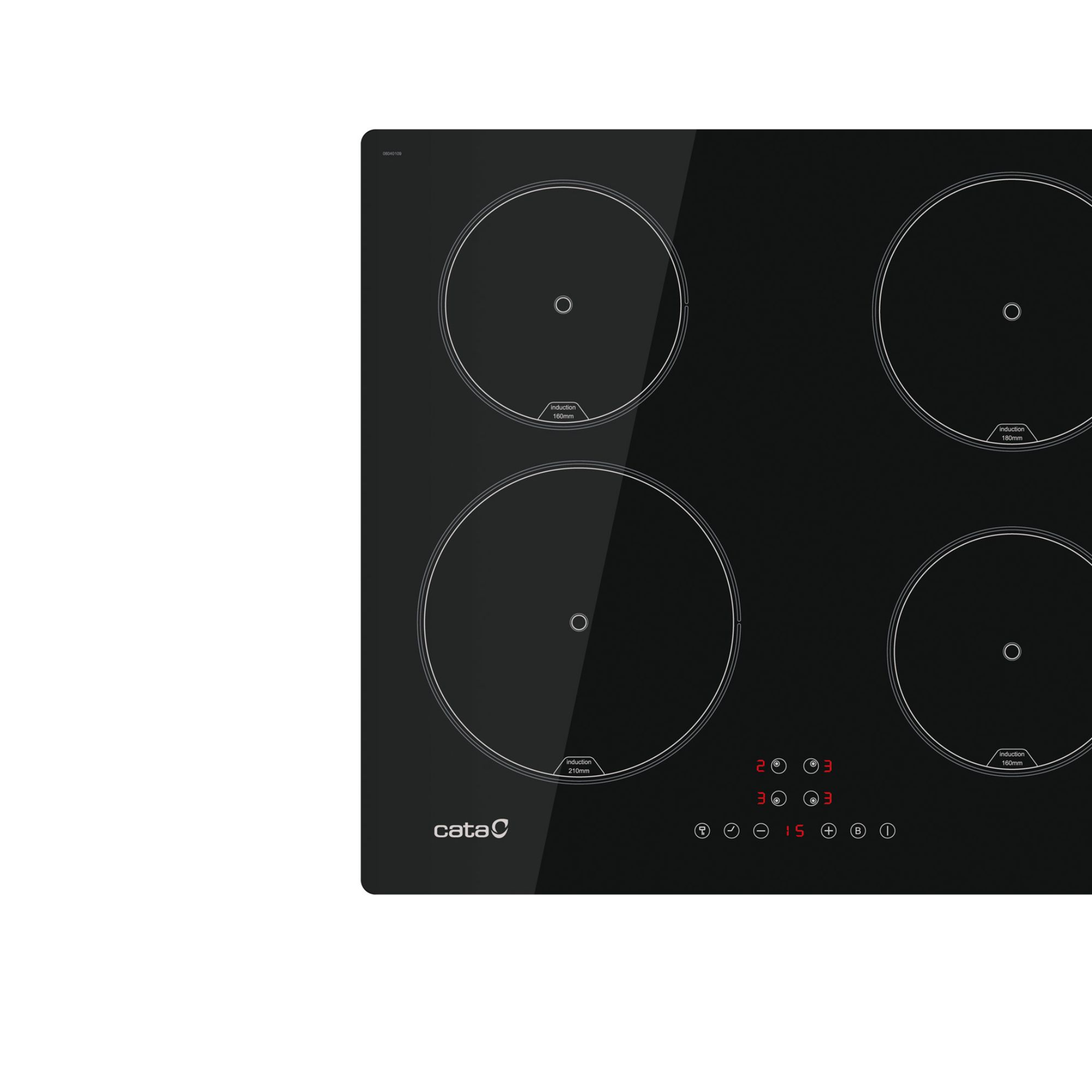 Placa de inducción Cata negra con cuatro zonas de cocción y controles táctiles.
