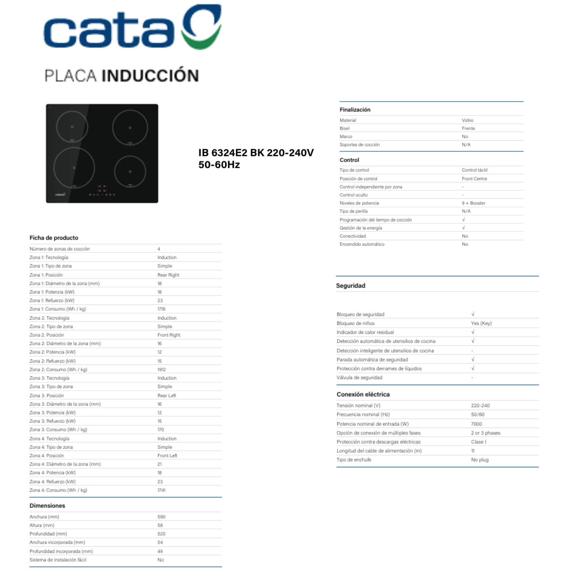 Ficha técnica de la placa de inducción Cata IB 6324E2 BK con especificaciones.