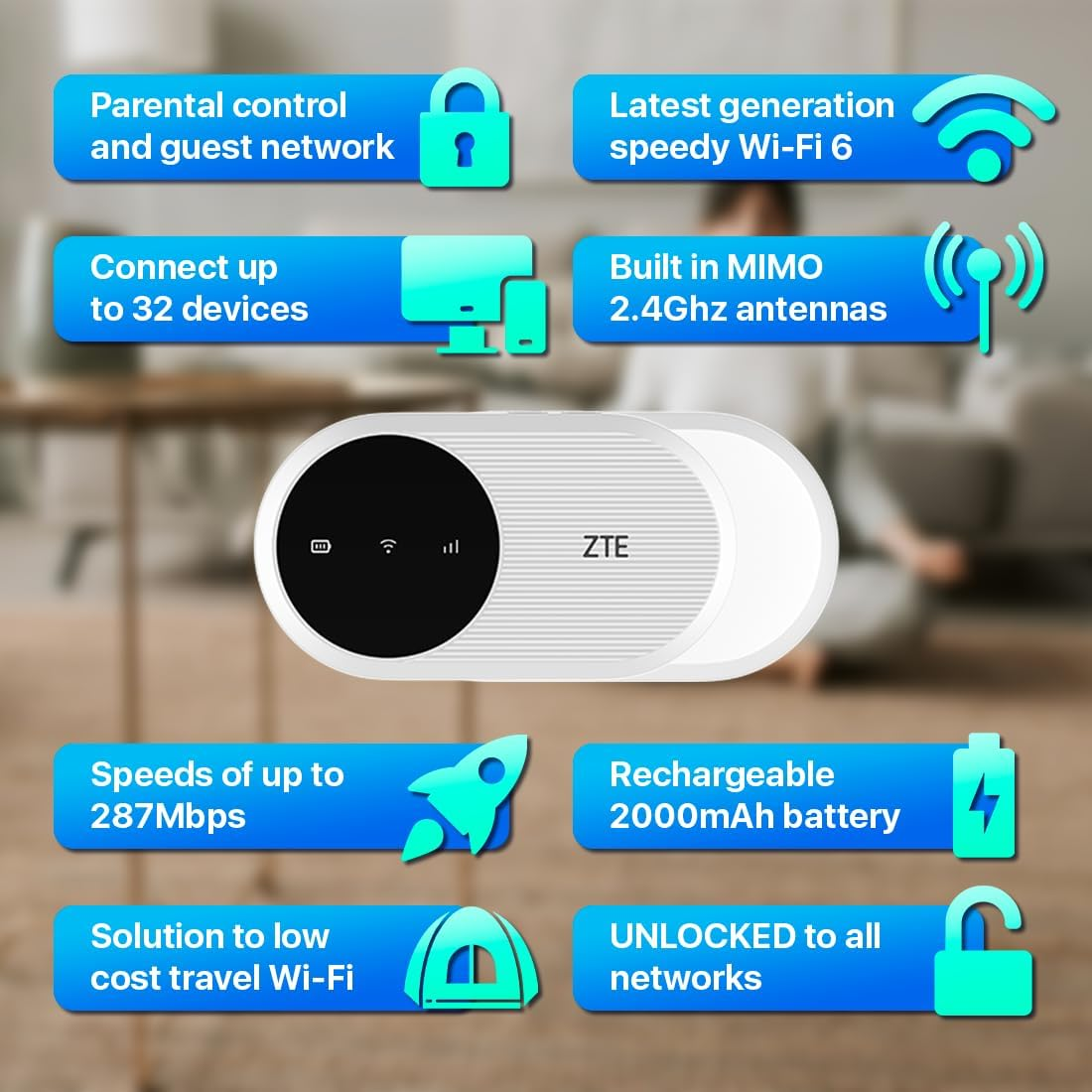 ZTE Wi-Fi-apparaat met blauwe informatievakken op de achtergrond.