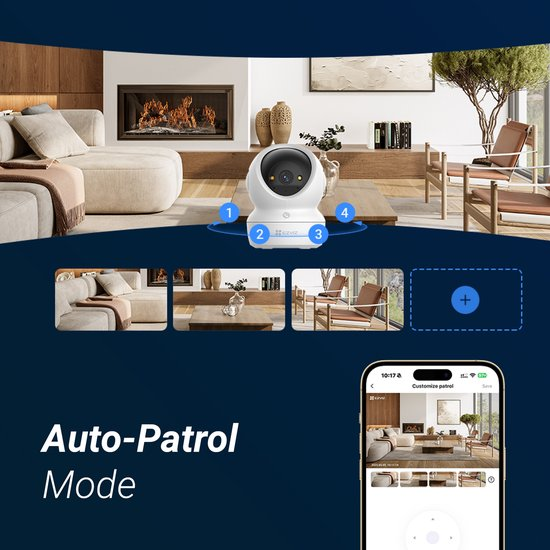 Caméra de sécurité avec mode Auto-Patrol, vues prédéfinies et contrôle par smartphone.