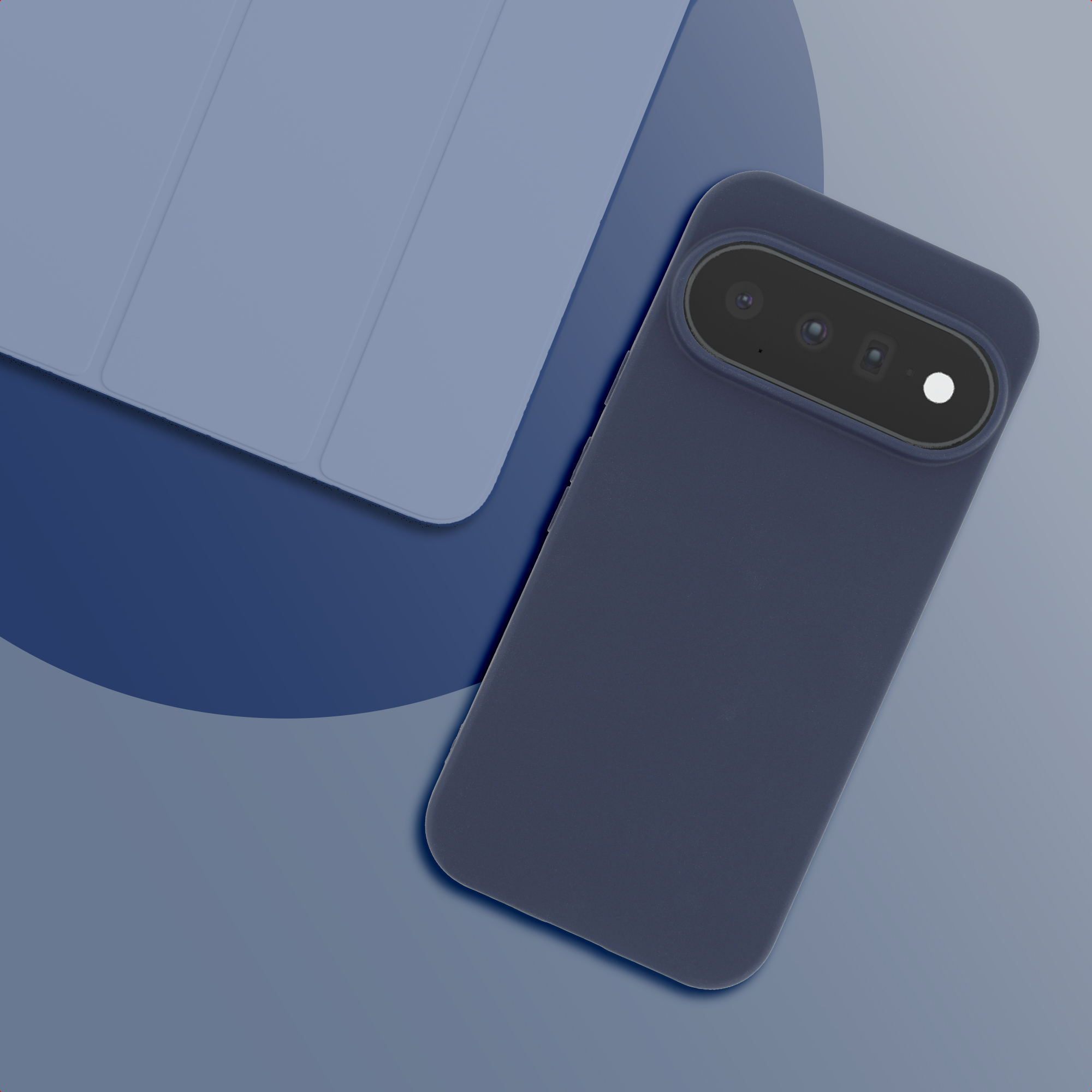 Blue smartphone case with triple camera on a blue background.