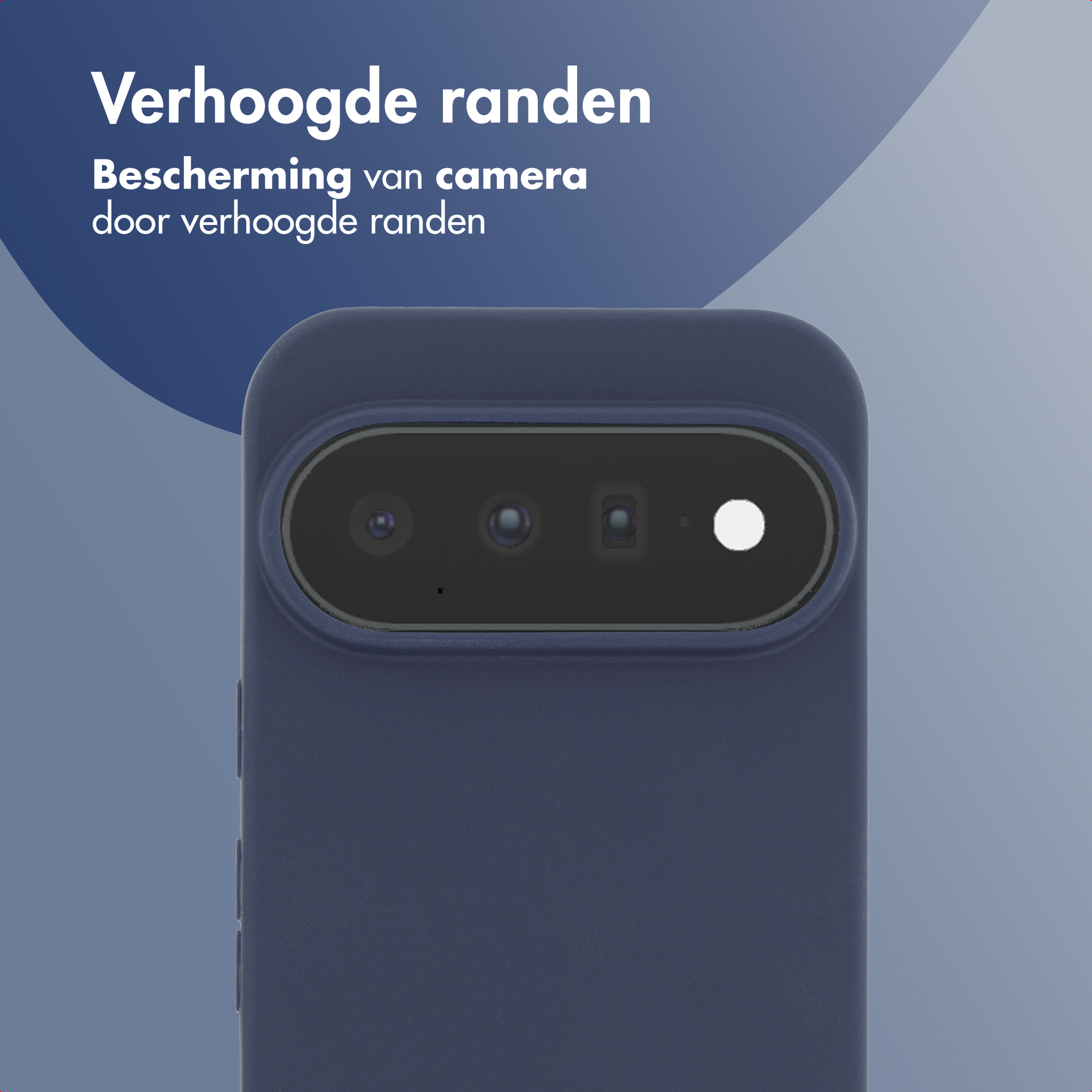 Blue smartphone case with raised edges around the camera.