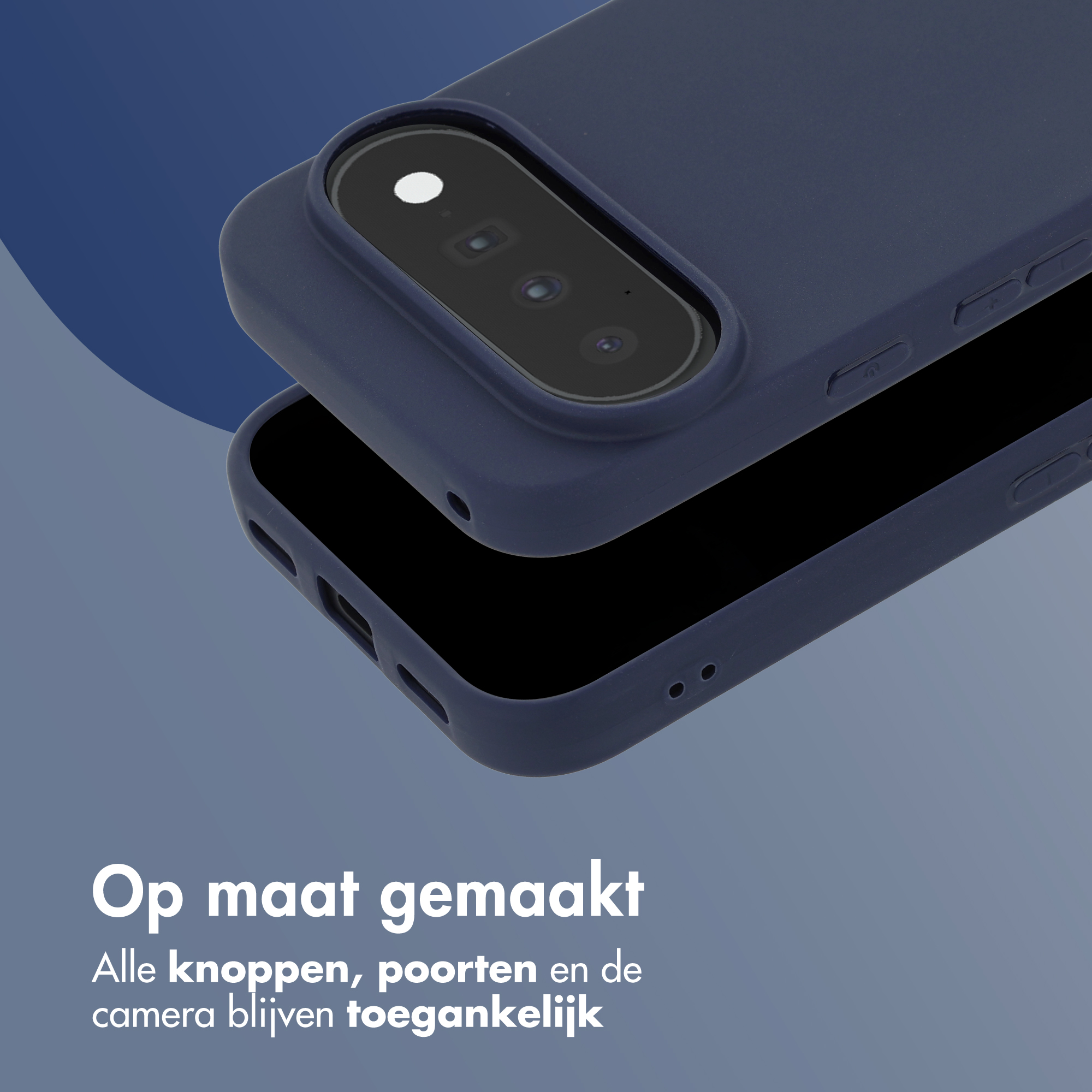 Two dark blue smartphone cases on a blue background, showing camera and port cutouts with Dutch text below.