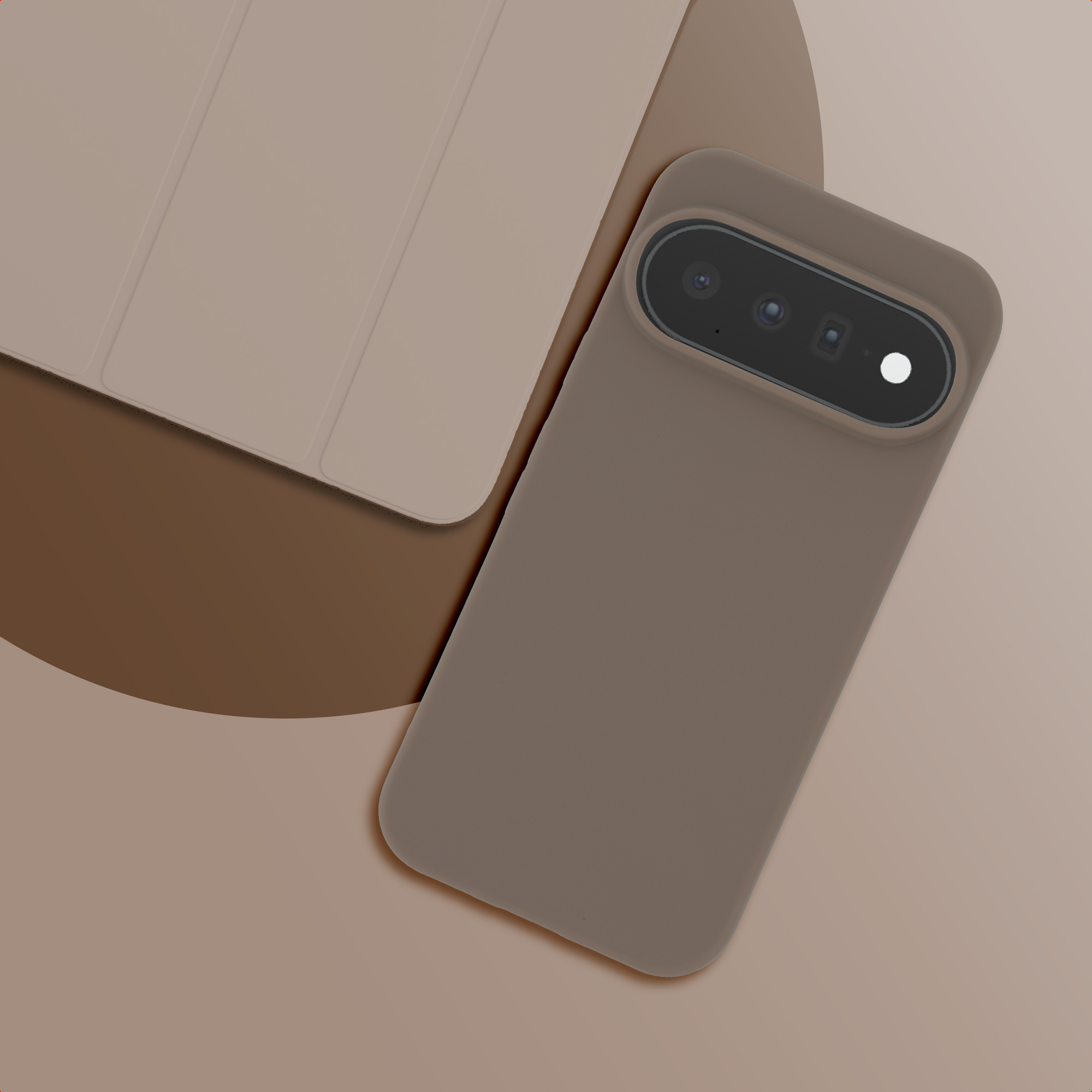 A brown smartphone in a case and a folded protective cover on a brown background.
