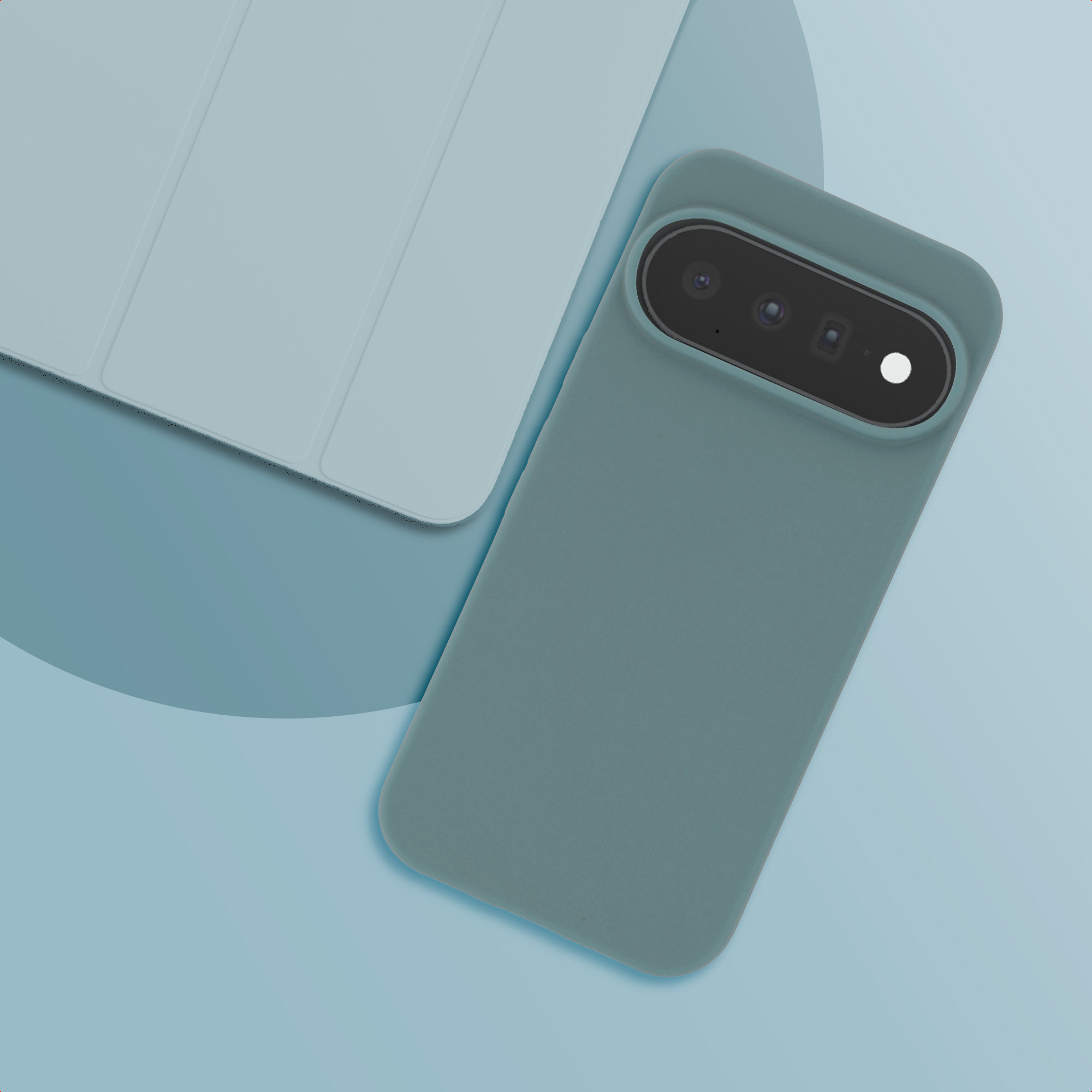 A mint green smartphone in a case and a tablet with a case on a light blue background.