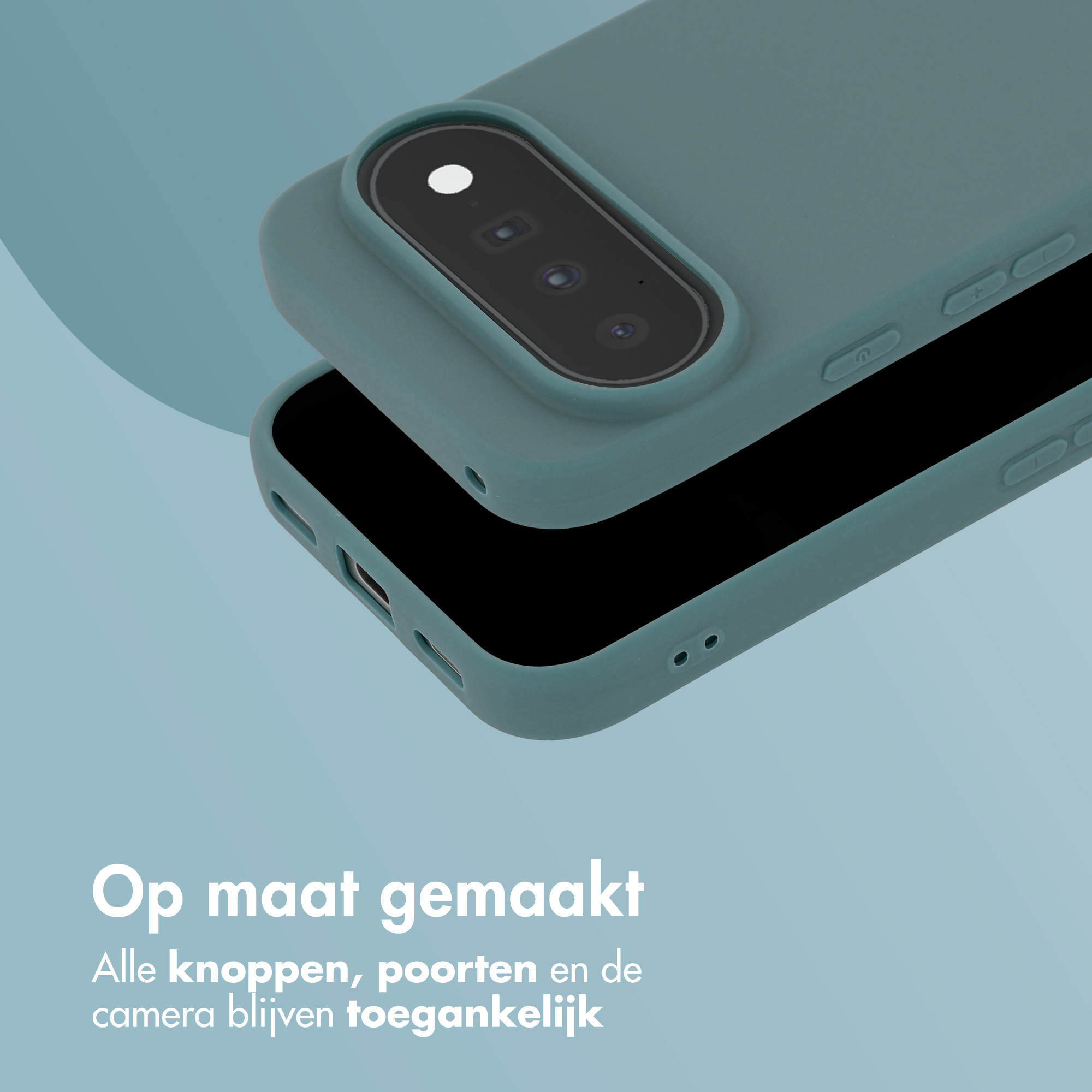 Green phone case with camera cutout and buttons on a light blue background with text.