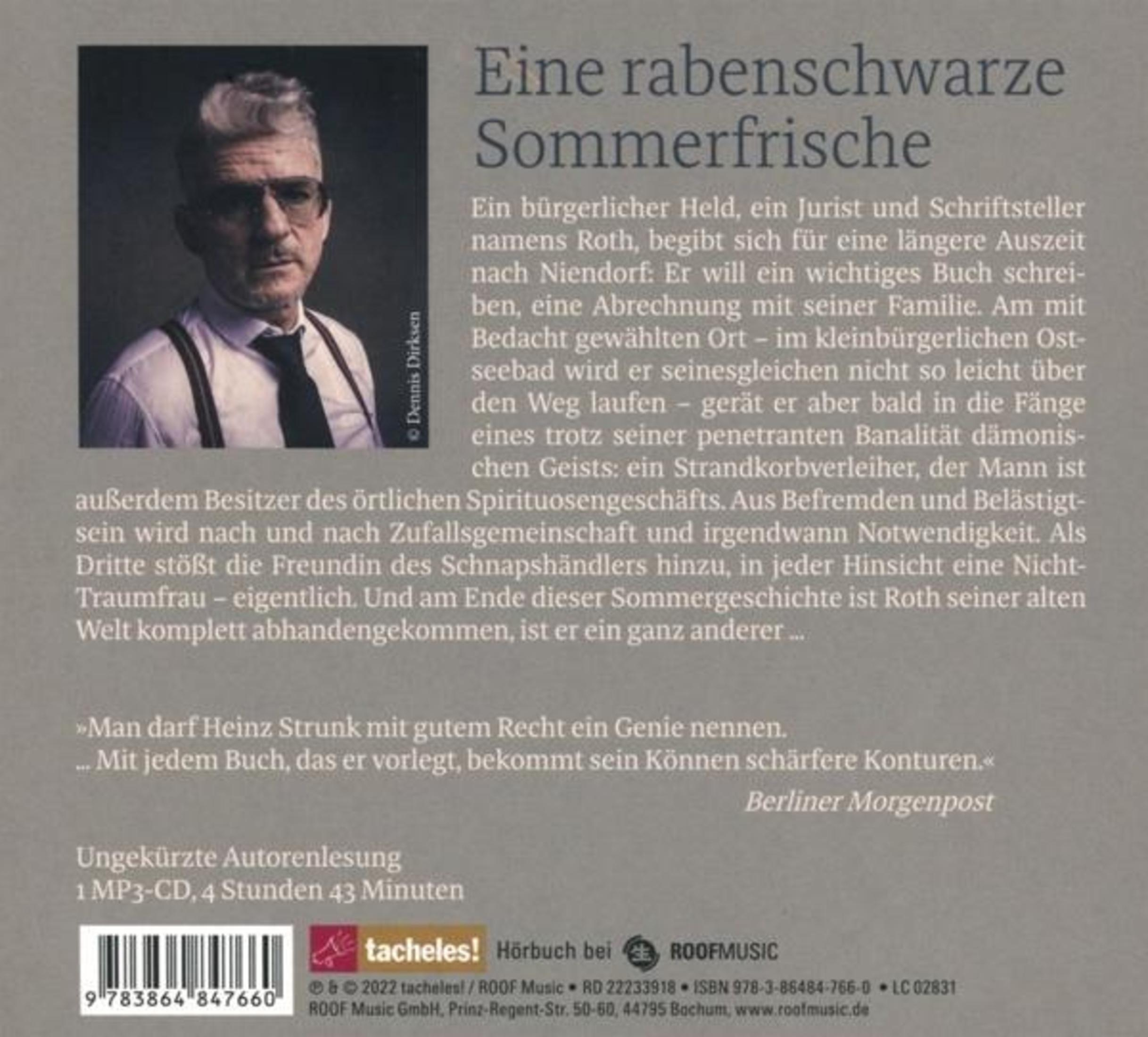 Rückseite einer Hörbuch-CD mit einem Foto von Heinz Strunk und deutscher Buchbeschreibung.