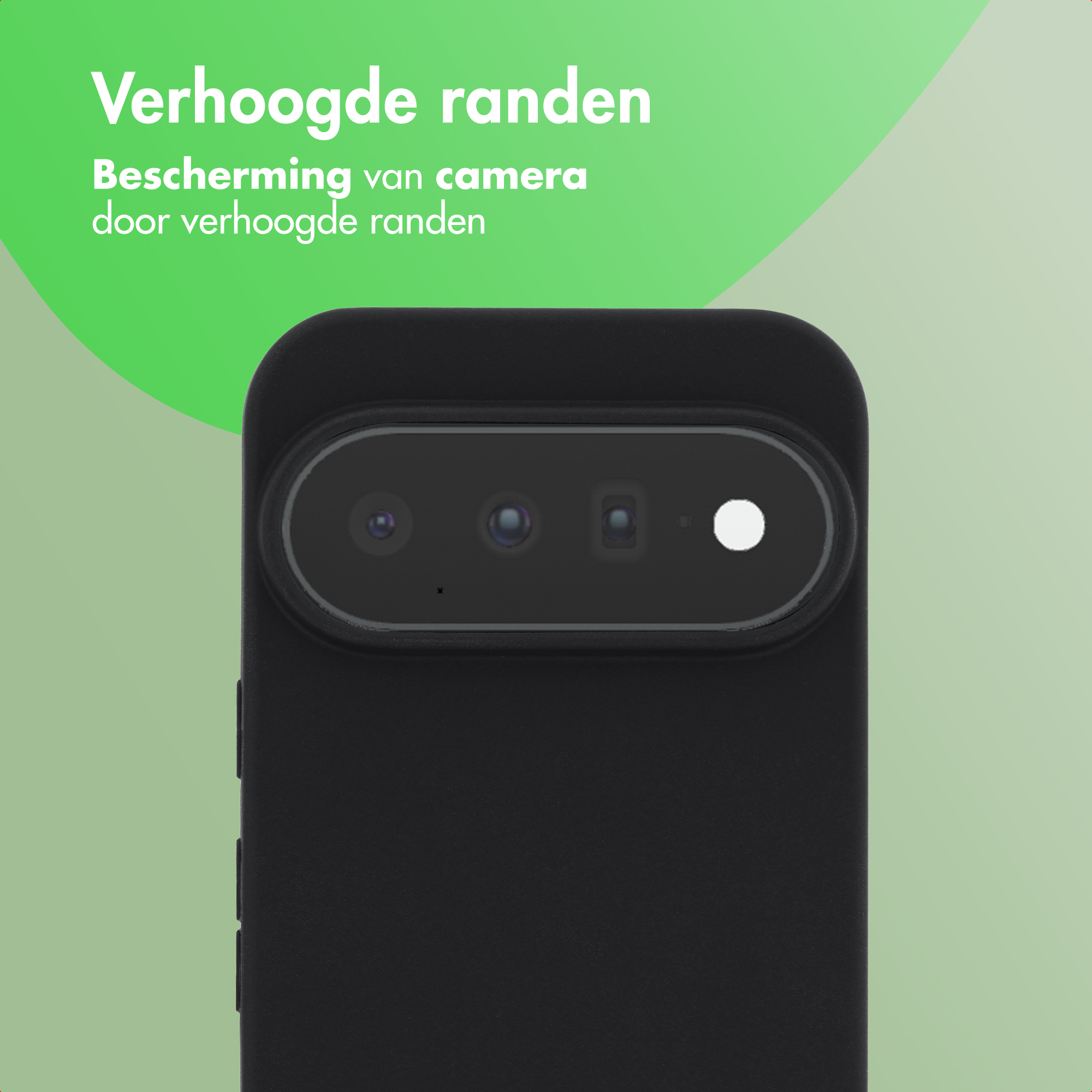 Close-up of a black phone case on a green background with Dutch text.