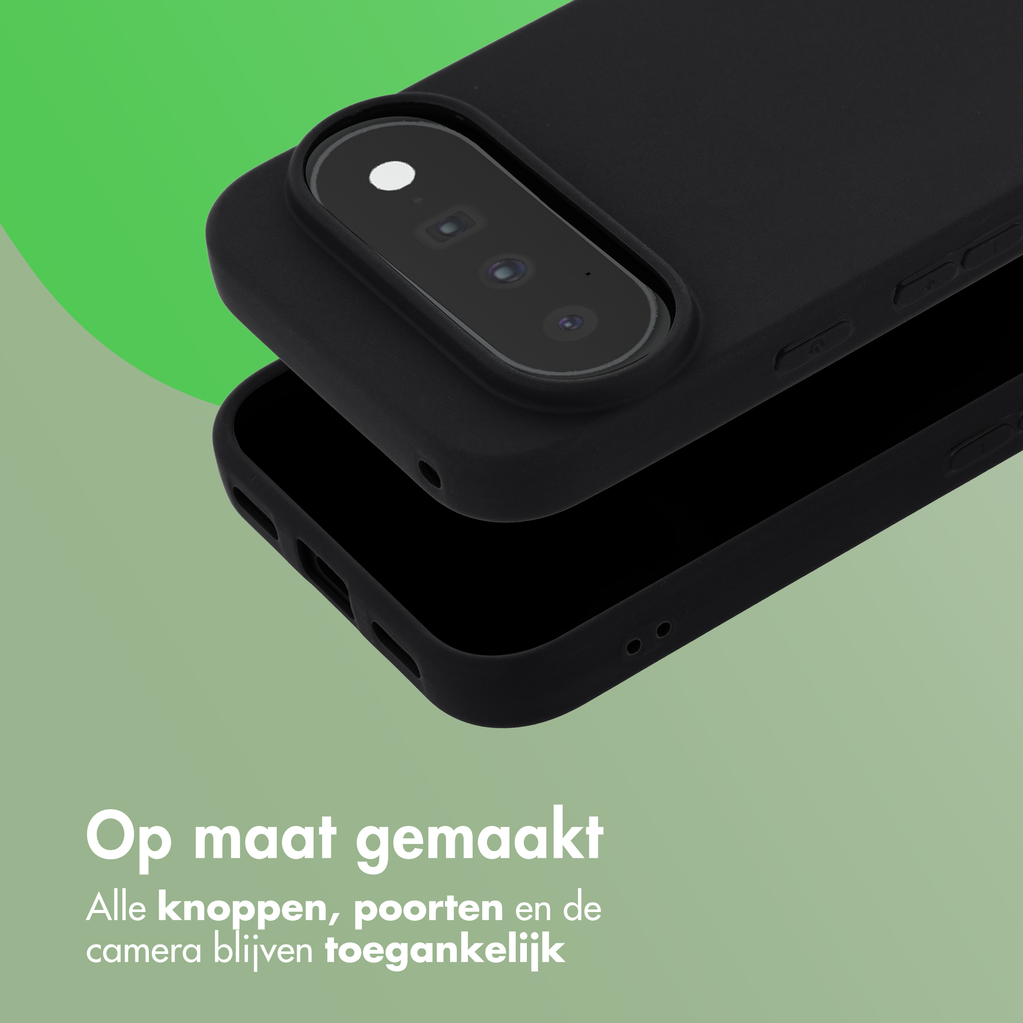Two black smartphone protective cases on a green background with Dutch text at the bottom.