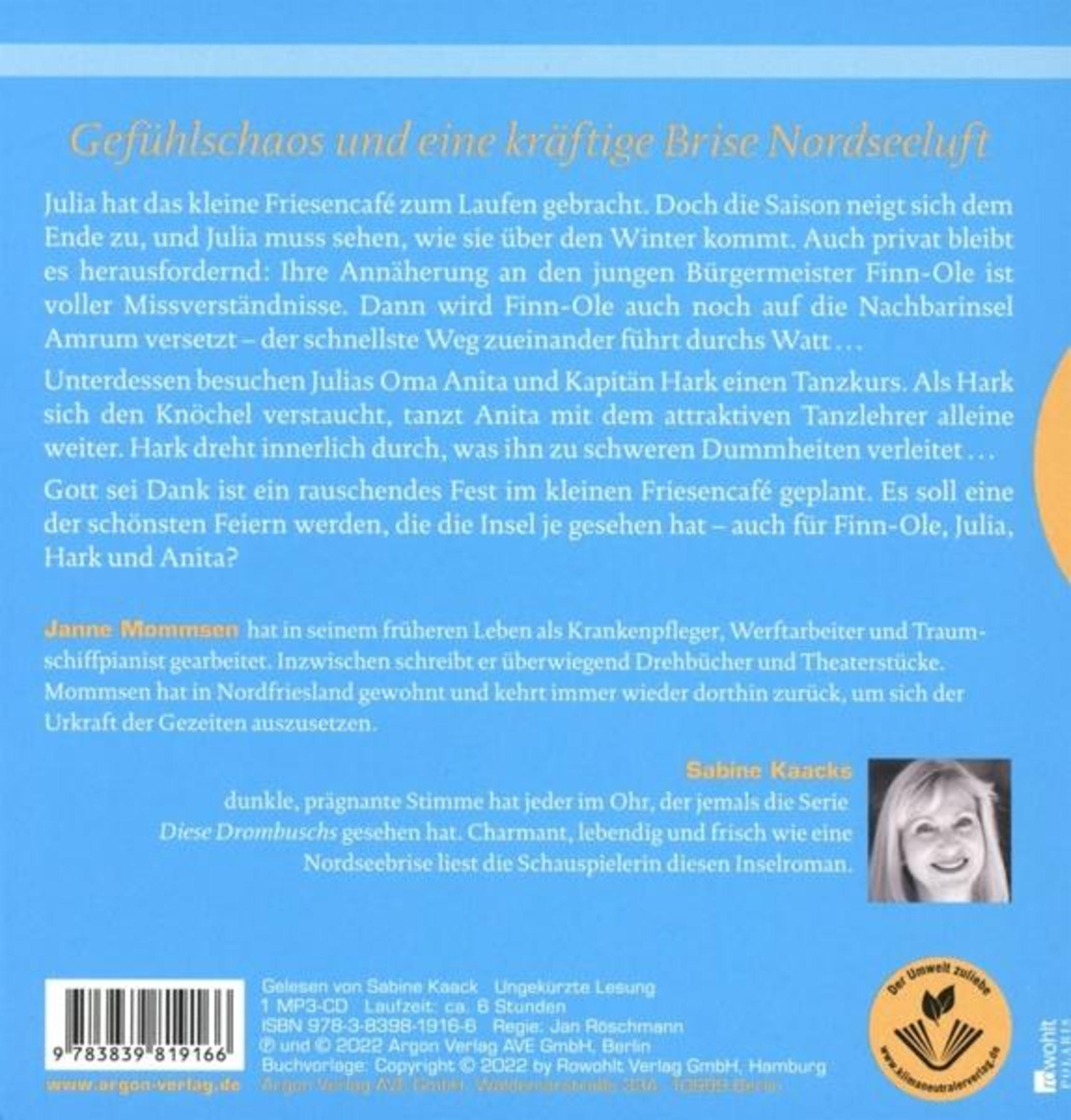 Die Rückseite eines Hörbuchs mit Text, einem kleinen Porträt und einem Barcode.