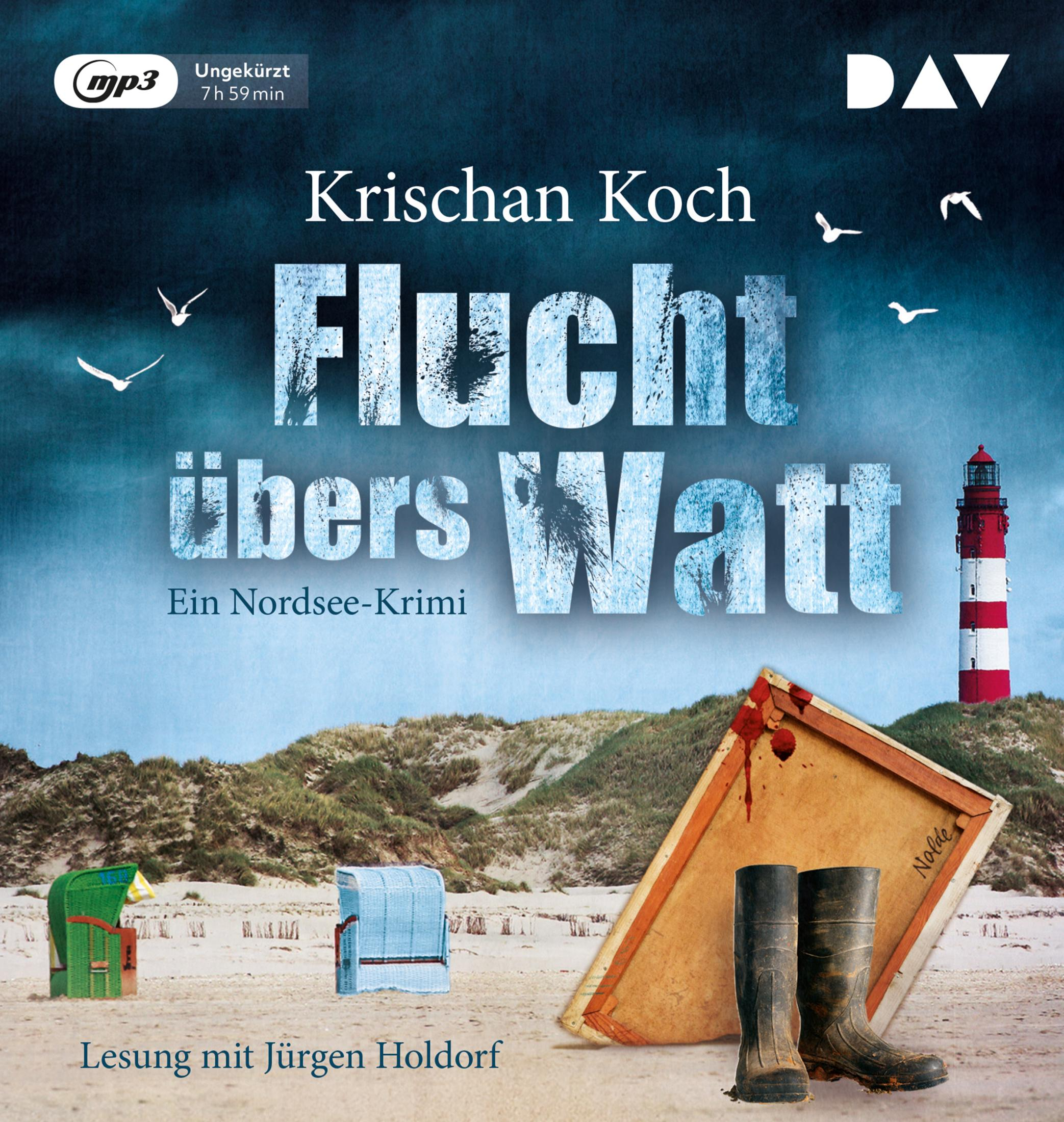 Hörbuch-Cover mit Strand, Dünen, Leuchtturm, blauen Stiefeln, blutiger Leinwand und Strandkörben vor dunklem Himmel.