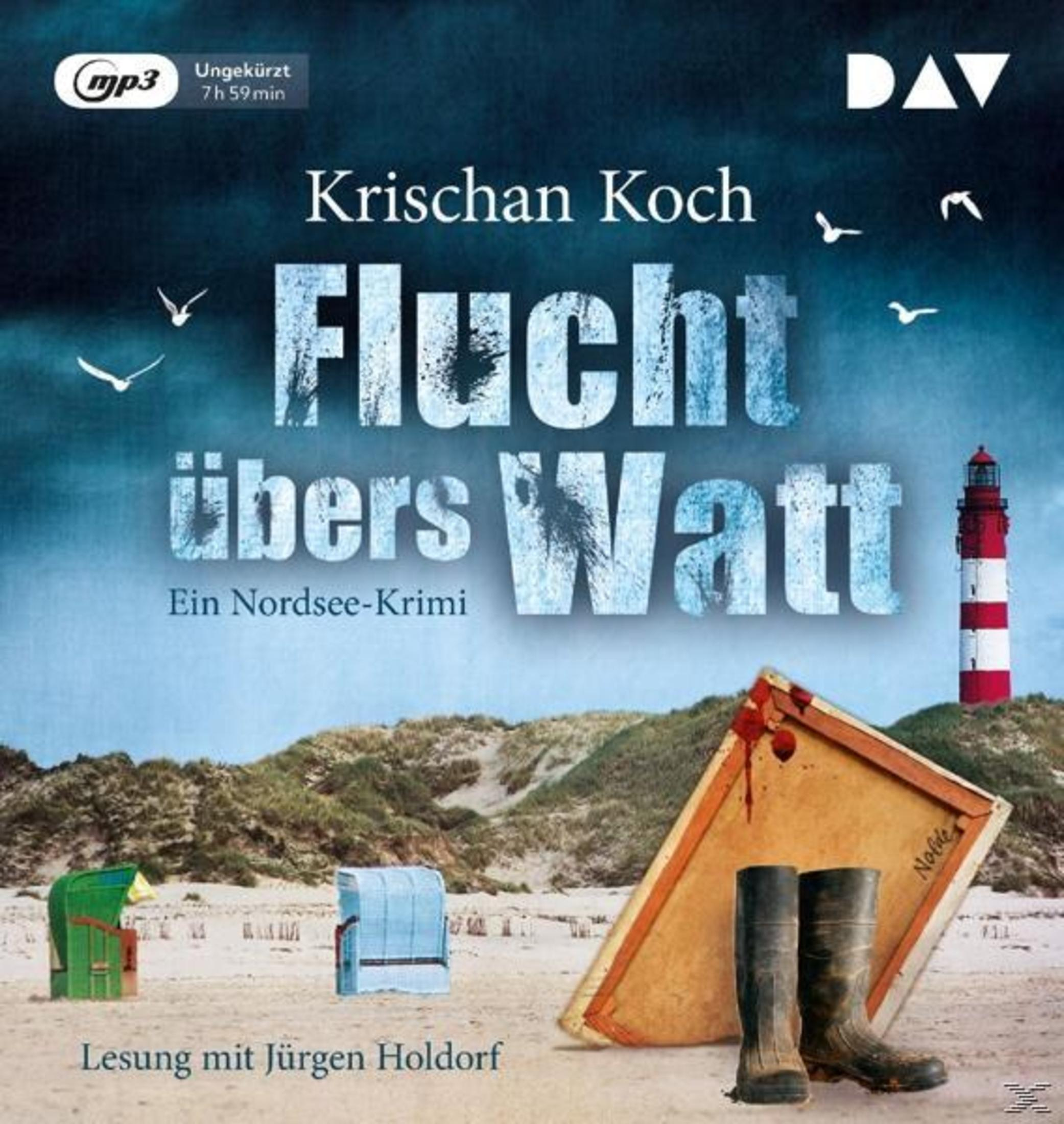 Buchtitel Flucht übers Watt mit Strand, Leuchtturm, Stiefeln und einer blutigen Staffelei.