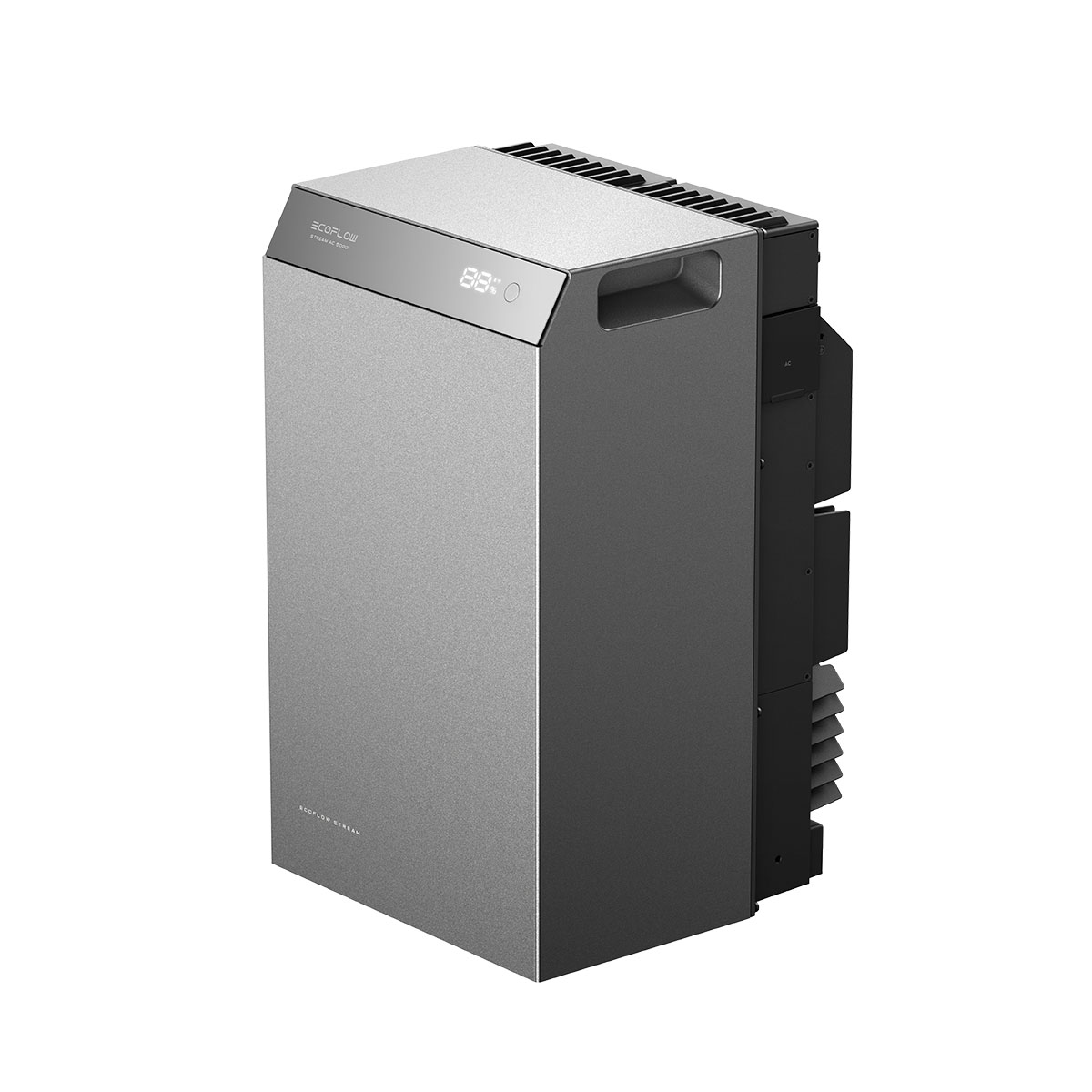 Ein silberner EcoFlow PowerStream Wechselrichter mit digitalem Display auf einer weißen Fläche.
