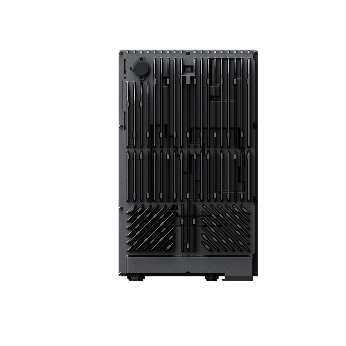 Ein schwarzes, rechteckiges Elektronikgehäuse mit vertikalen und diagonalen Kühlrippen an der Vorderseite.