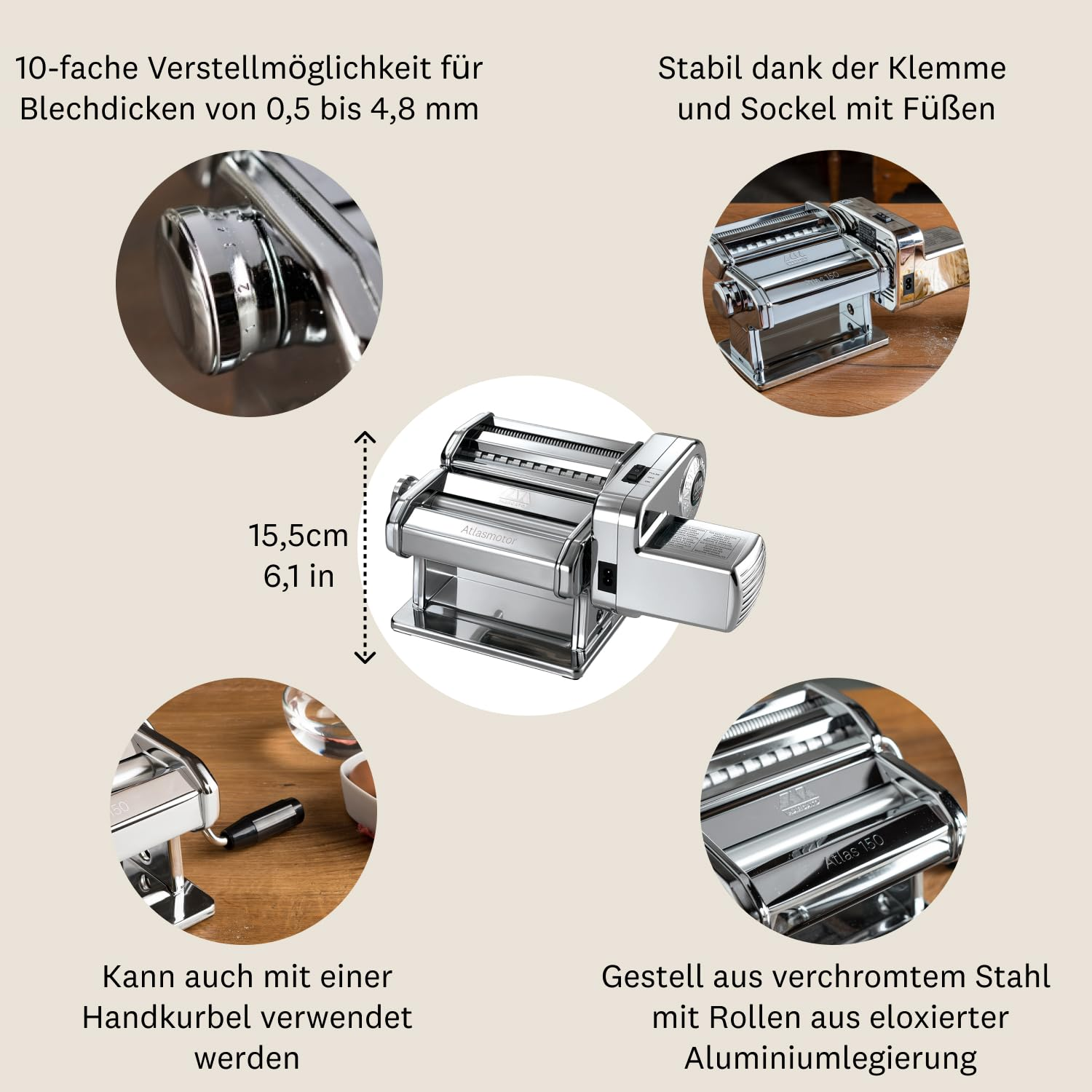 Une machine à pâtes Atlas 150 chromée avec moteur et vues détaillées.