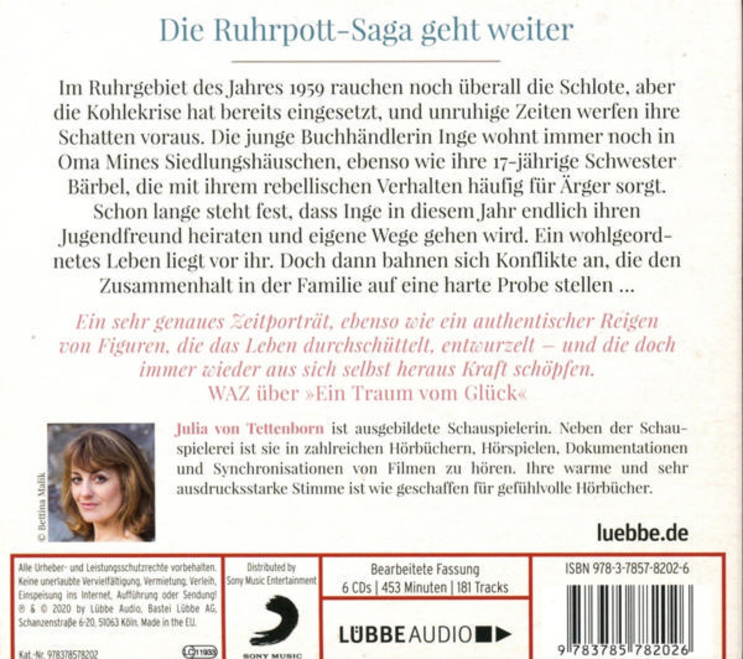 Rückseite eines Hörbuchs mit Text, Foto der Sprecherin, Verlagslogos und Barcode.