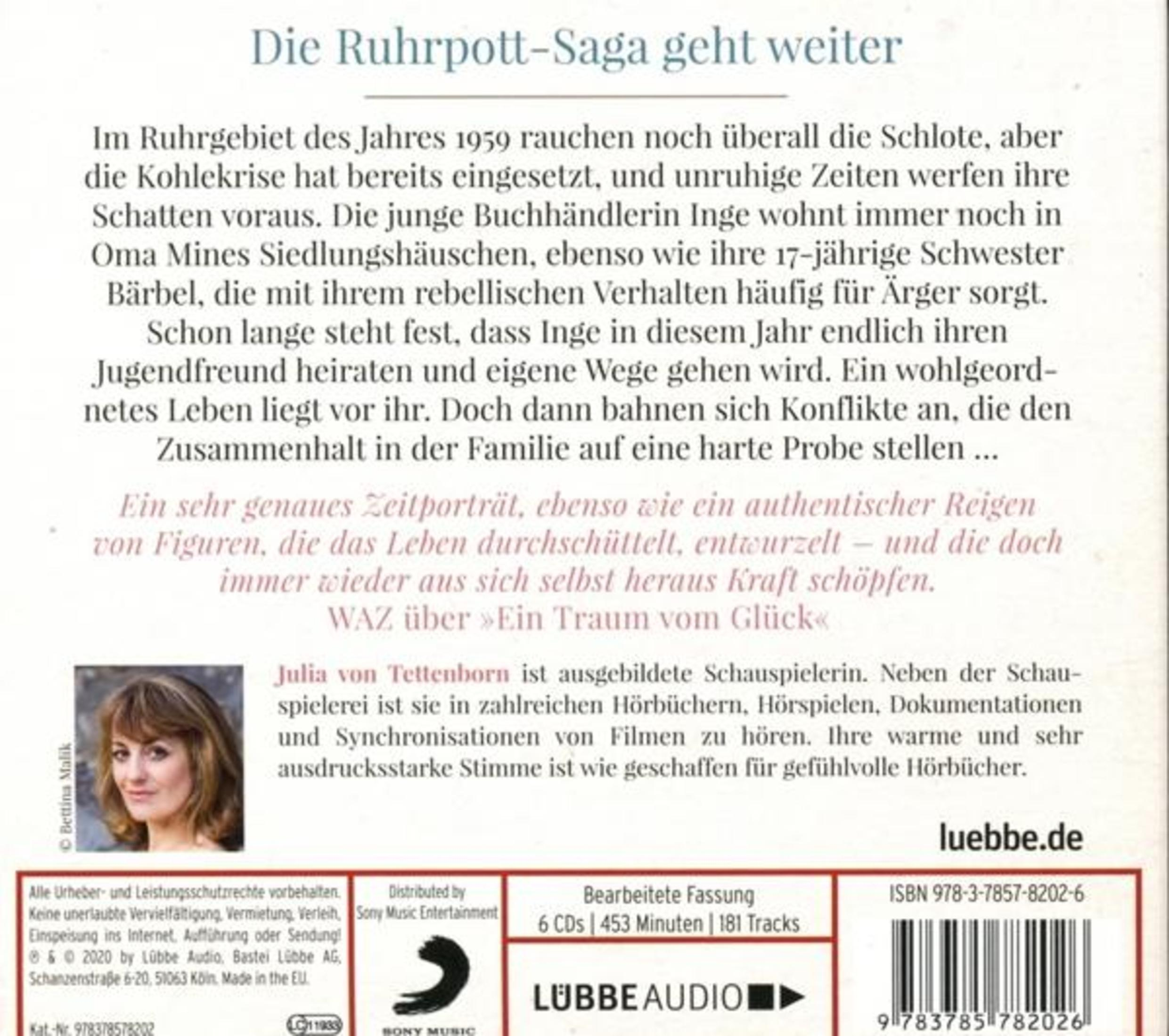 Hörbuch-Rückseite mit deutschem Text, einem Foto der Sprecherin Julia von Tettenborn und einem Barcode.