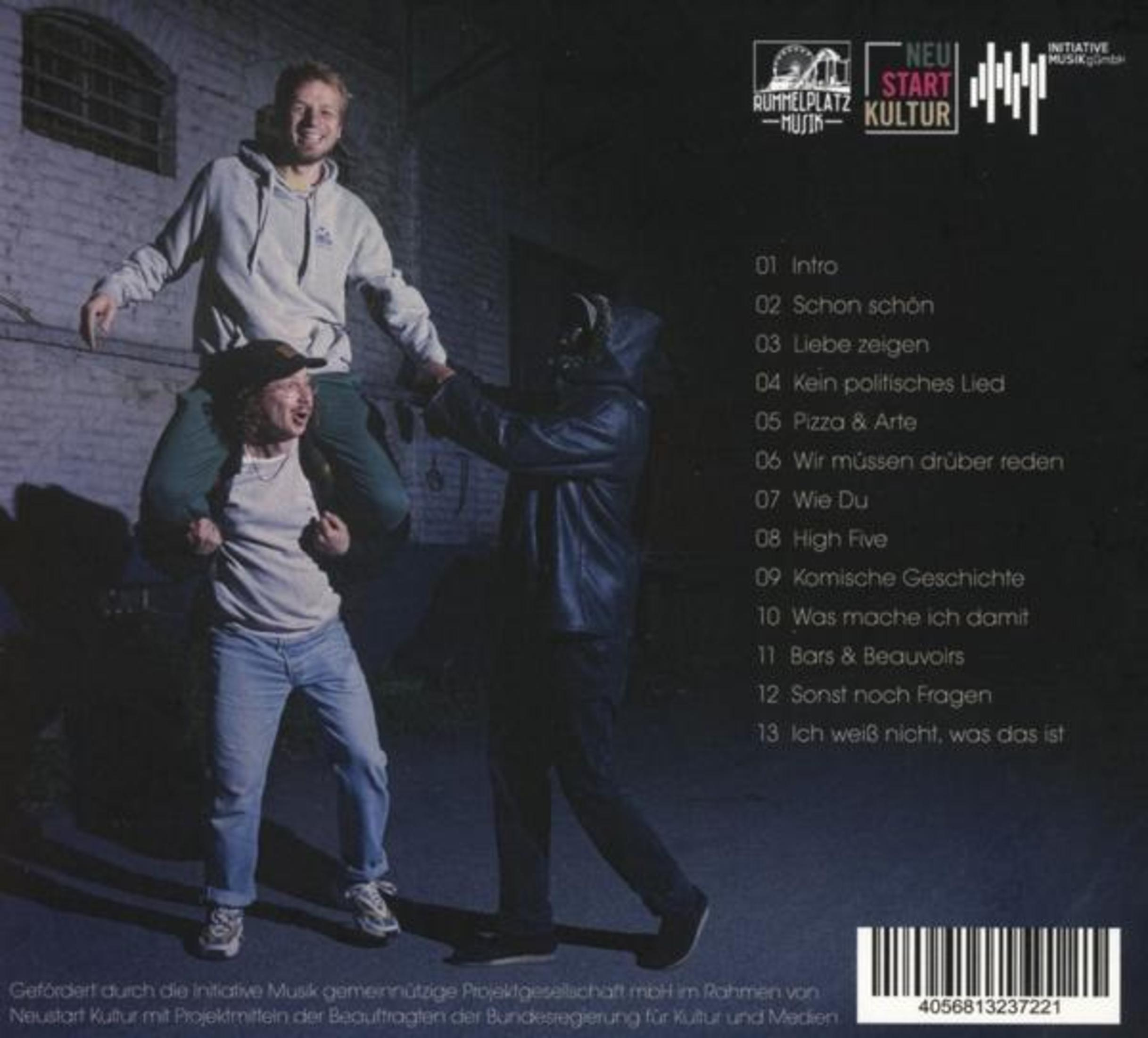 Albumrückseite mit drei Männern im Dunkeln, einer sitzt auf den Schultern des anderen, rechts eine Tracklist.