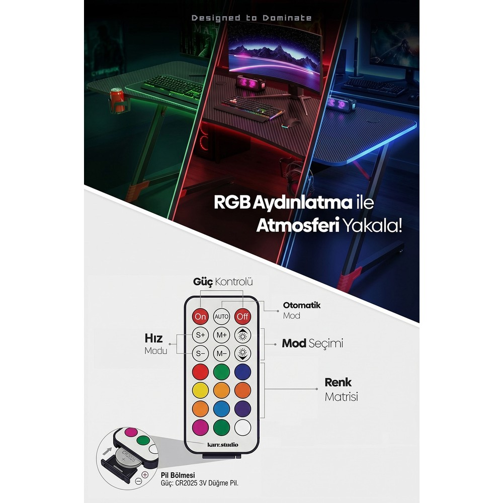 Yeşil, kırmızı ve mavi RGB aydınlatmalı oyuncu masası ve güç ile renk kontrolü için uzaktan kumanda.