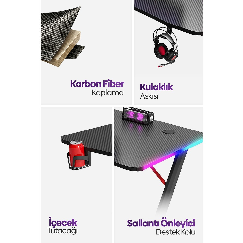 Oyuncu masası özelliklerini gösteren dört panel: karbon fiber doku, kulaklık askısı, bardaklık ve LED ışık.