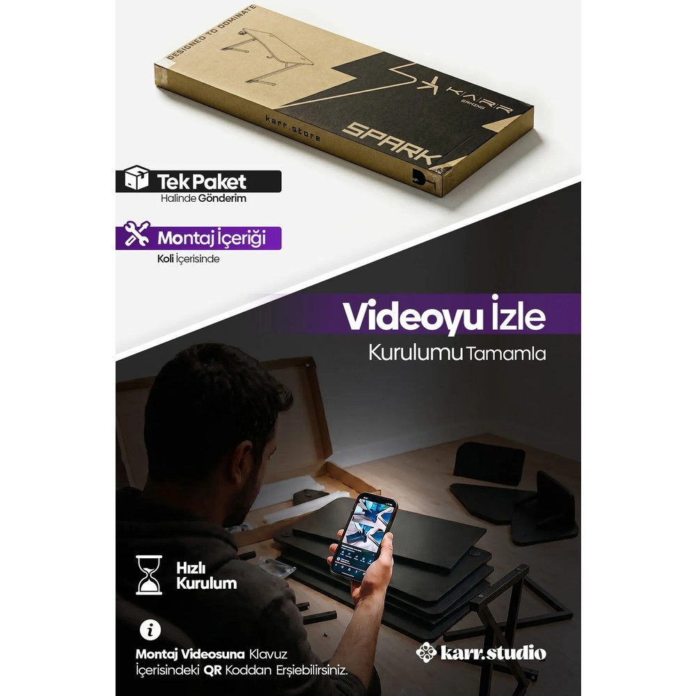 Bir adam karton kutudaki oyuncu masası montaj videosunu akıllı telefonundan izliyor.