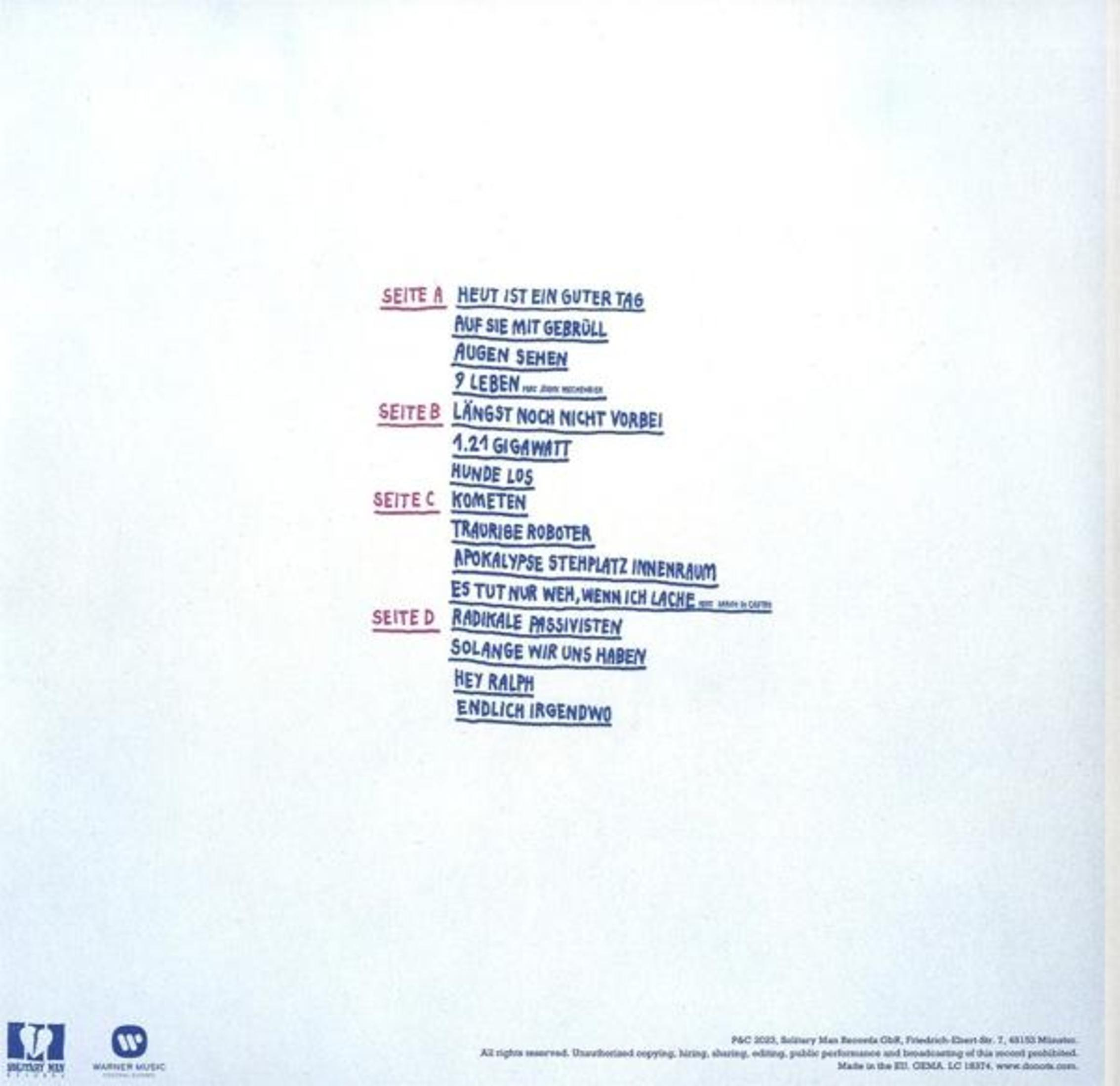 Rückseite einer Musik-Vinyl mit Tracklist für Seite A bis D, in blauer und roter Schrift auf weißem Hintergrund.