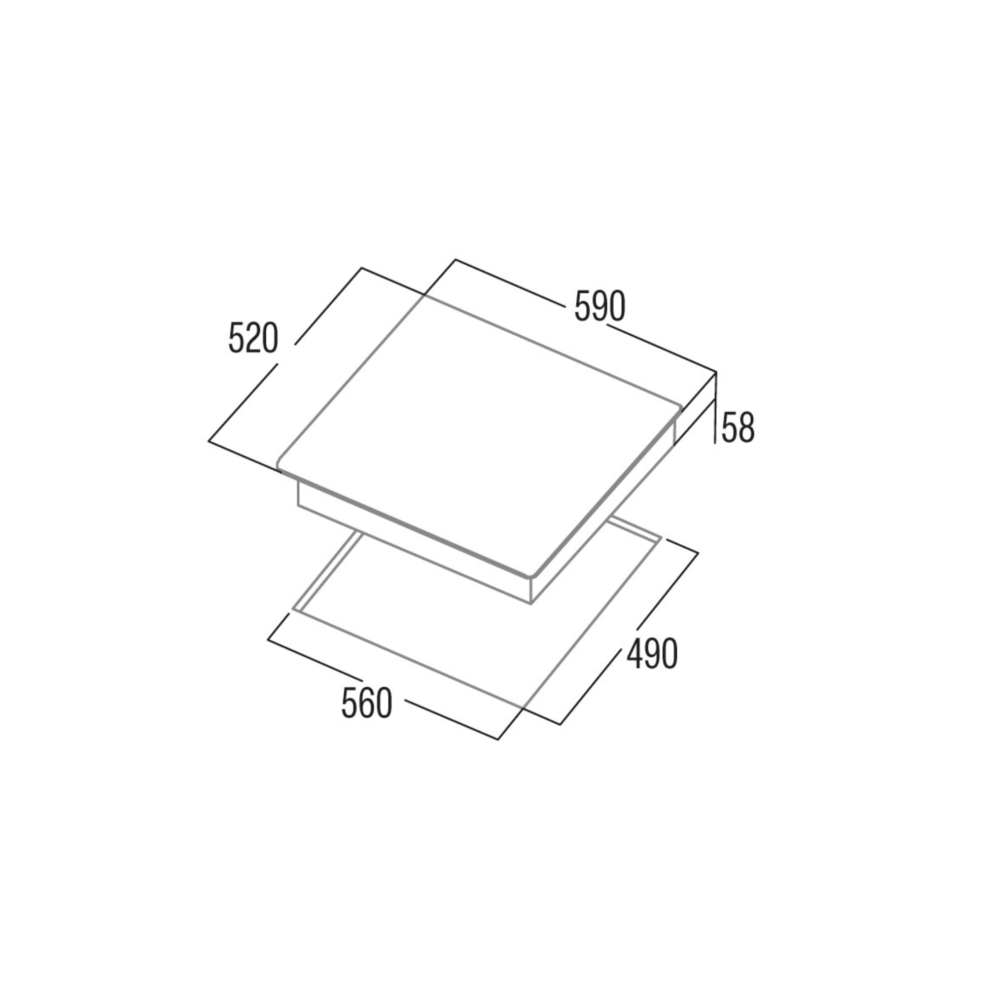 Dibujo técnico de una placa de cocción rectangular con dimensiones en milímetros.