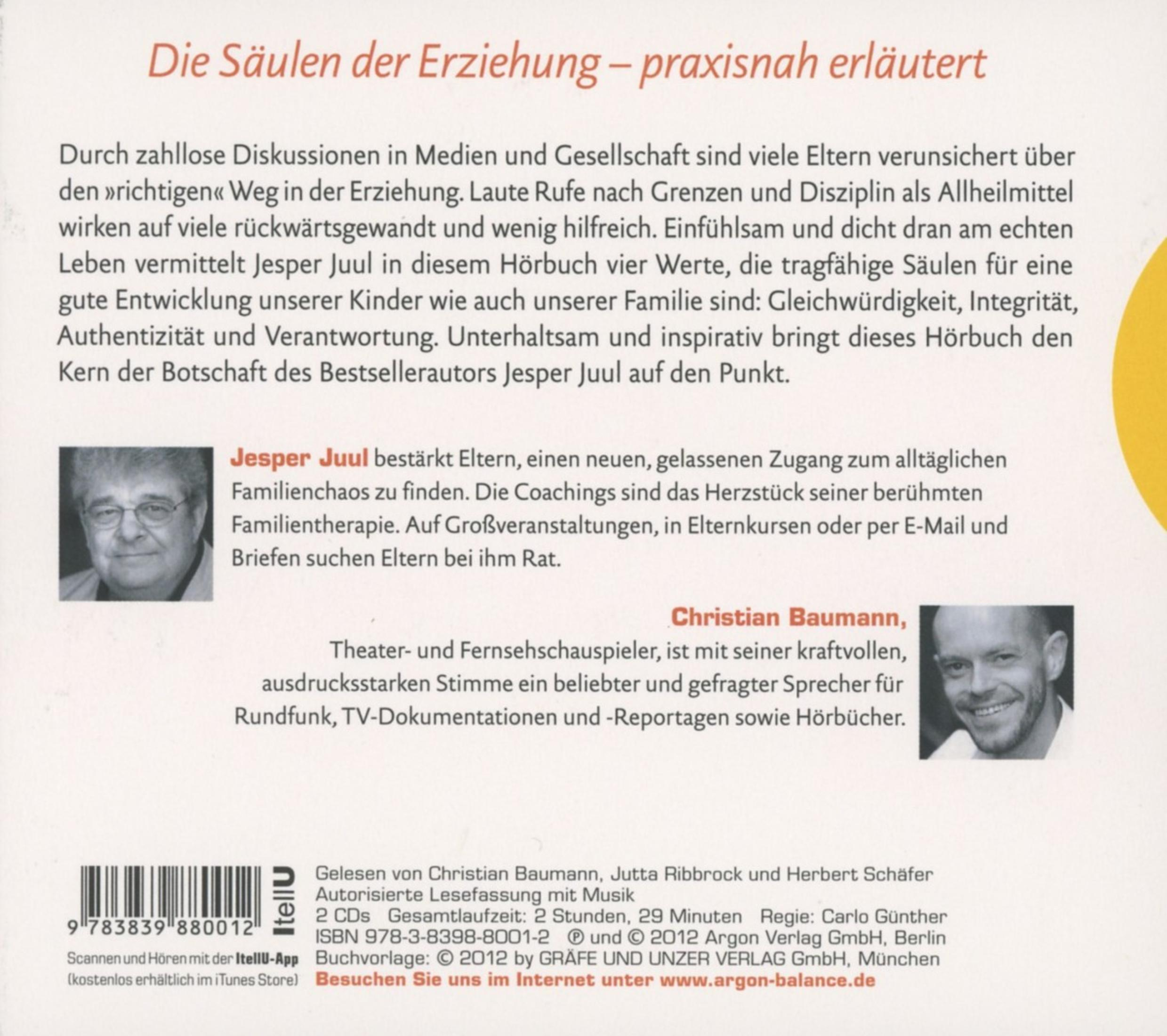 Rückseite einer Hörbuch-CD mit Text, Fotos von Jesper Juul und Christian Baumann sowie einem Barcode.
