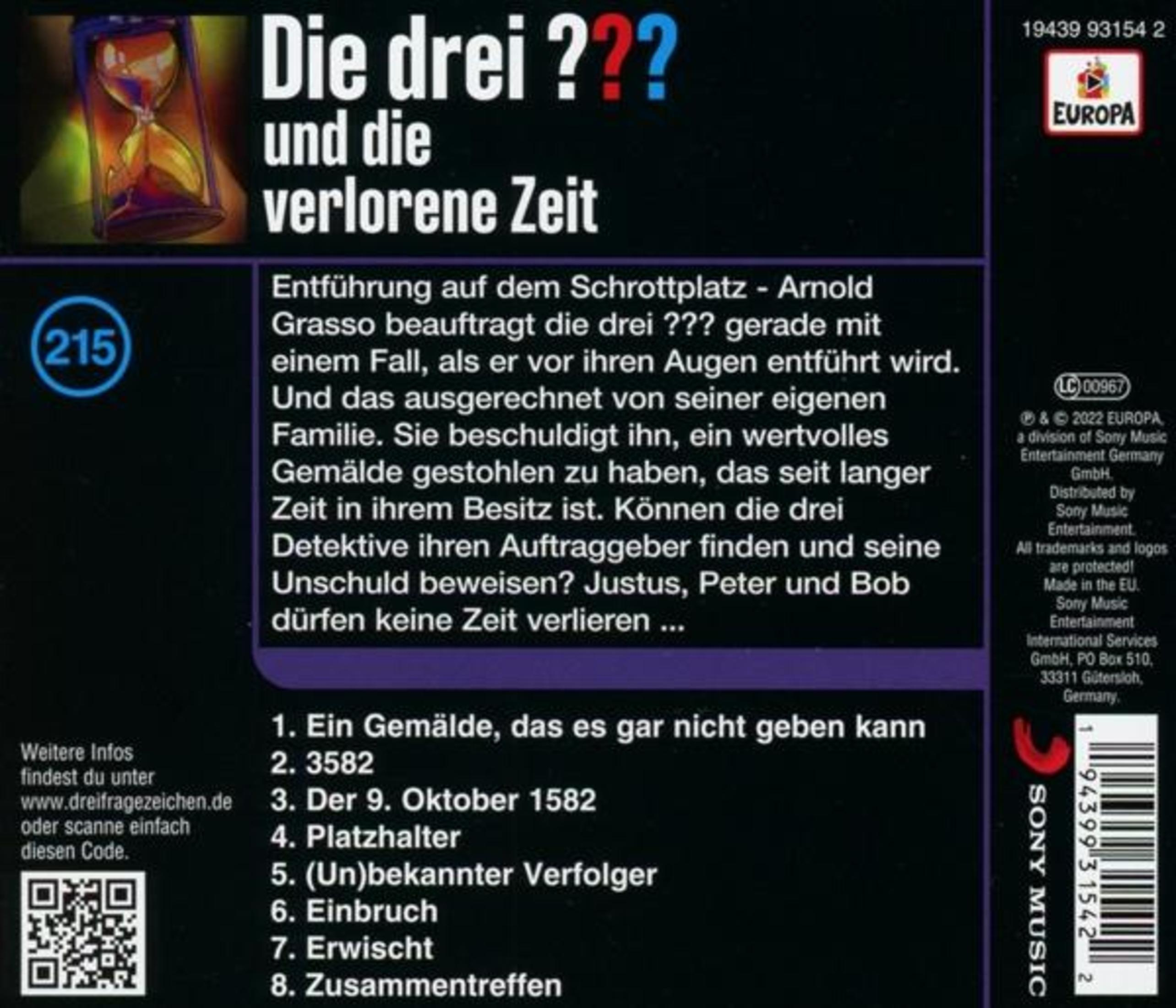 Rückseite des Hörspiels Die drei ??? und die verlorene Zeit mit Text und Tracklist.