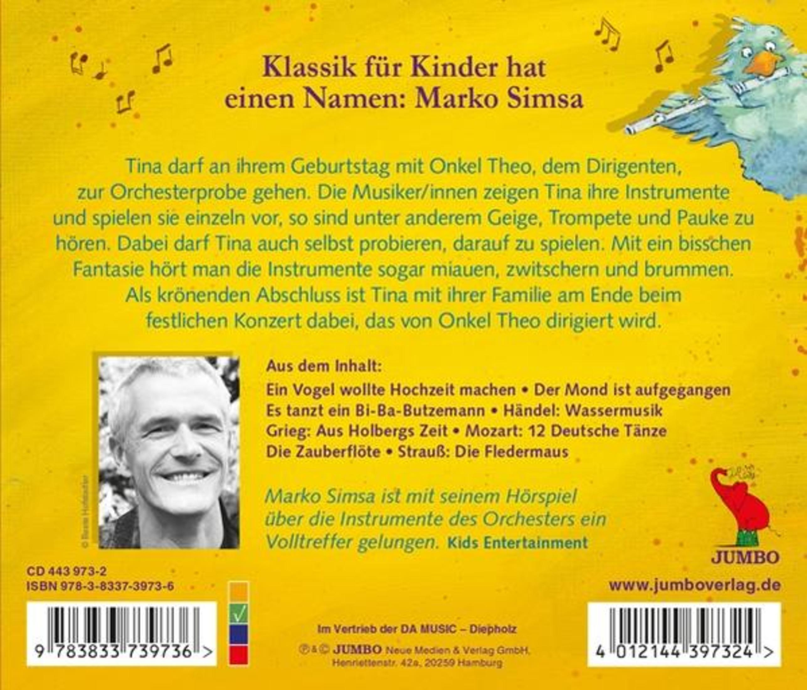 Rückseite einer Kinder-CD mit Text, einem Foto von Marko Simsa und bunten Illustrationen.