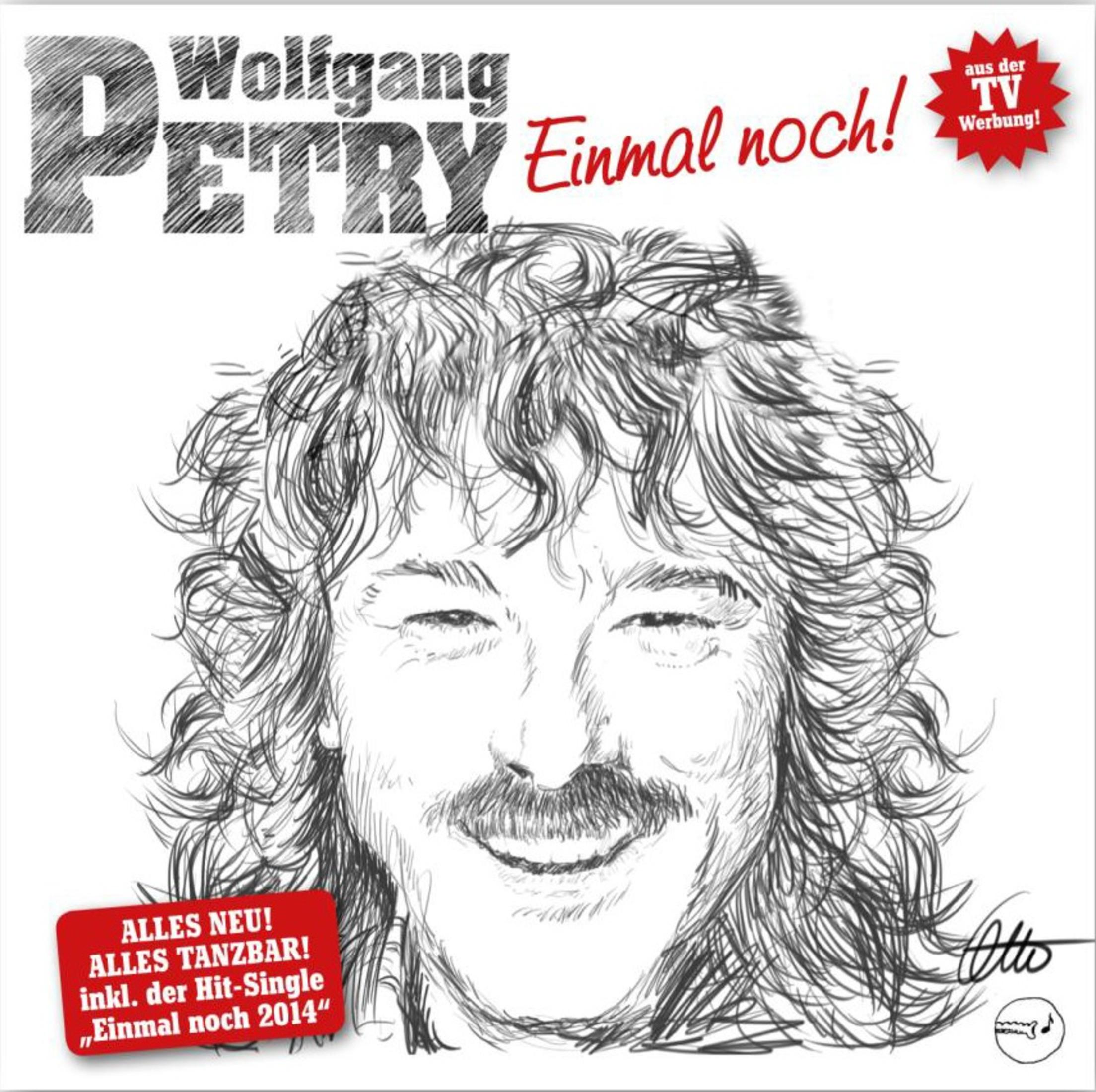 Skizzenhaftes Porträt von Wolfgang Petry mit langen Haaren, Schnurrbart und Text über seinem Gesicht.