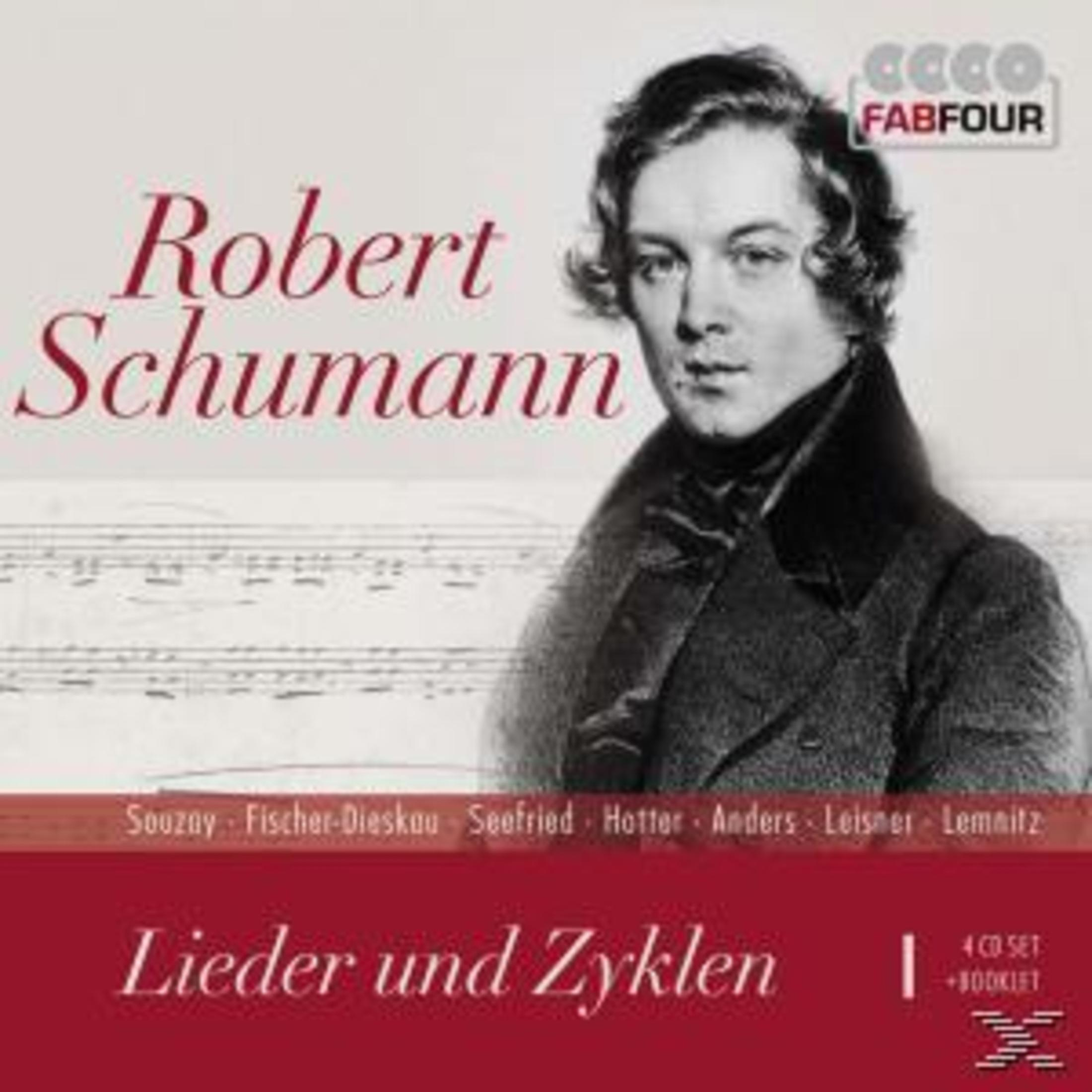 CD-Cover mit Robert Schumann im Vordergrund, Noten im Hintergrund und dem roten Titel Lieder und Zyklen.