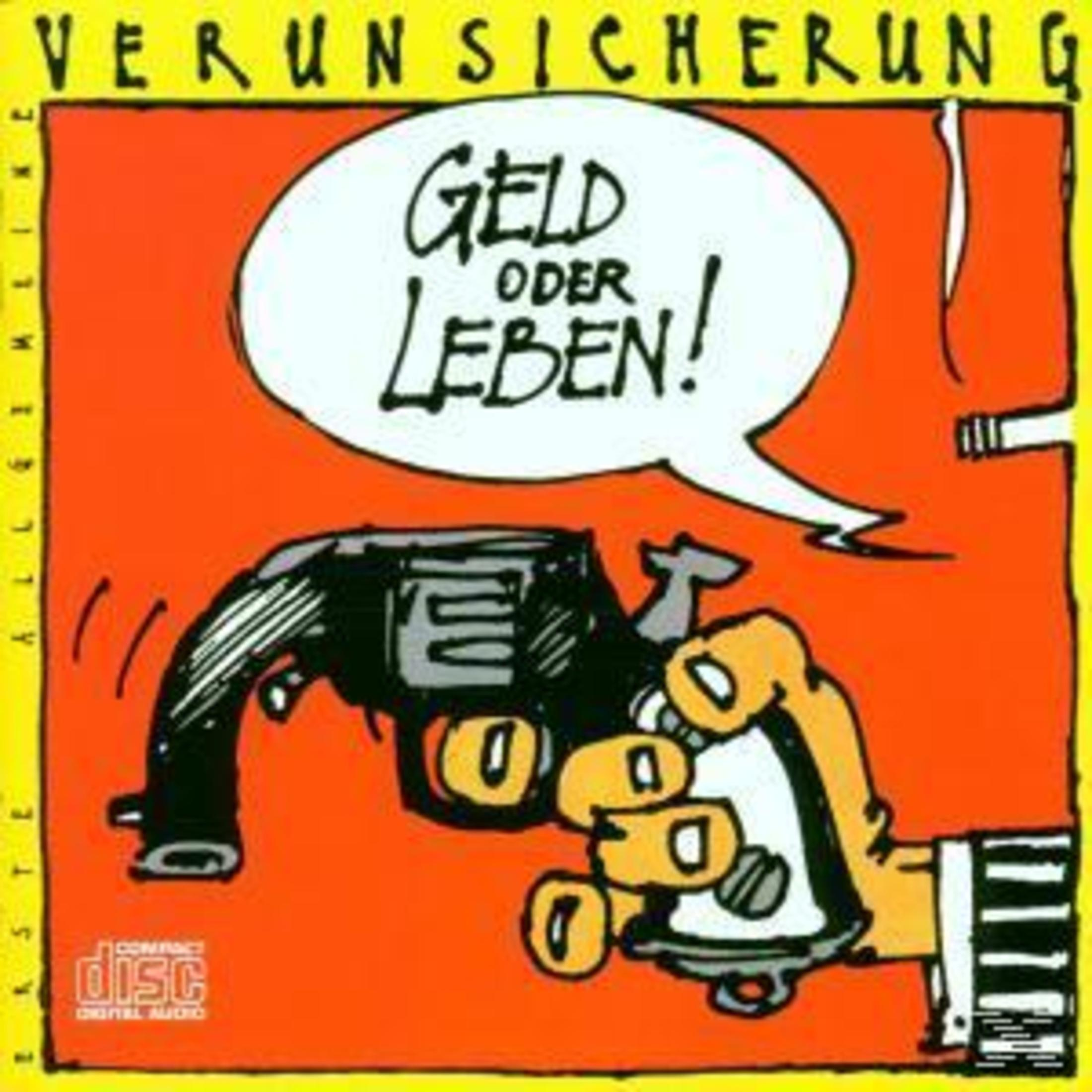 Zeichnung einer Hand, die eine Pistole hält, mit Sprechblase "Geld oder Leben!" auf orangem Hintergrund.