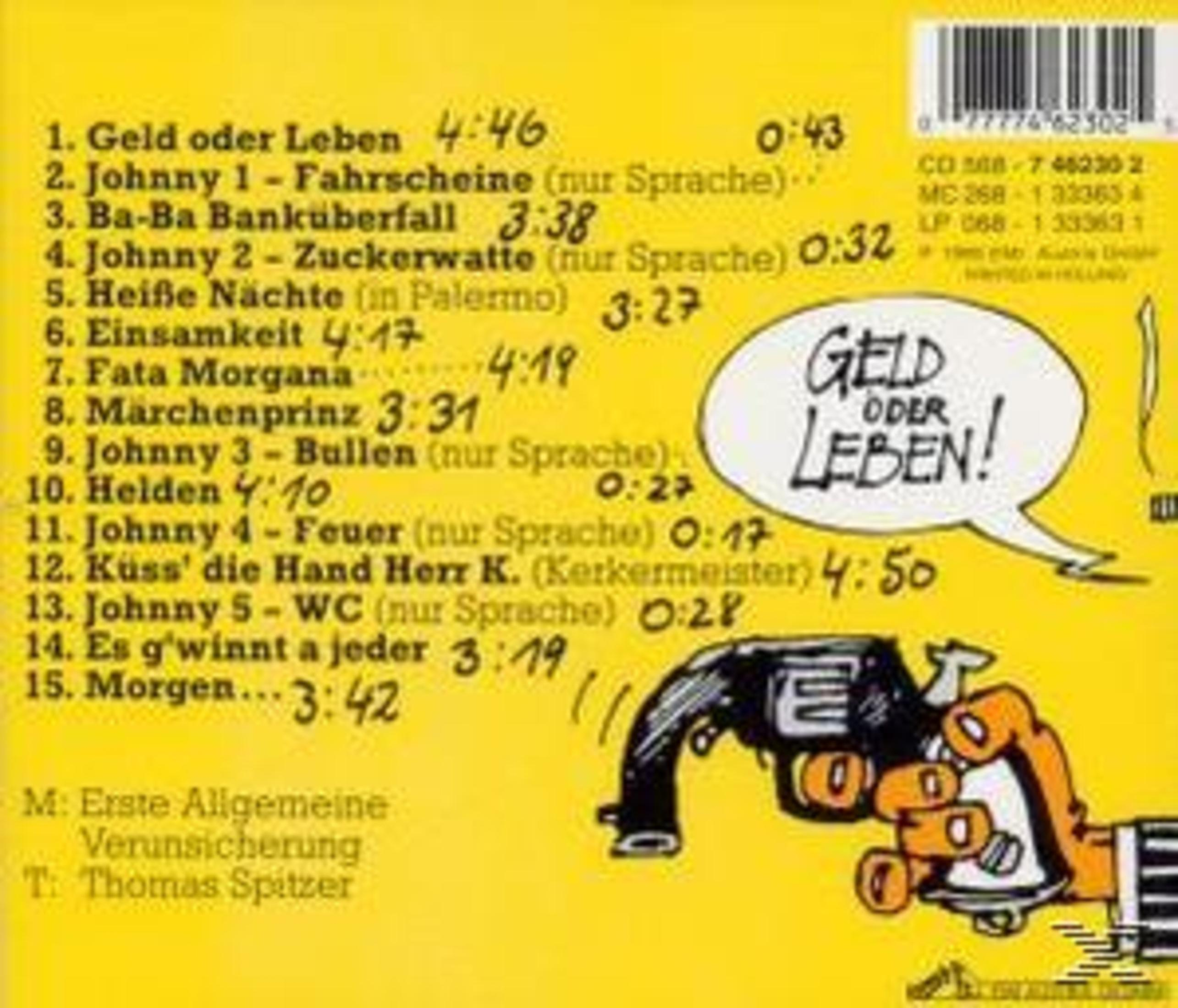 Rückseite einer Musik-CD mit Trackliste auf gelbem Hintergrund, einer Pistole und dem Text 'Geld oder Leben!'.