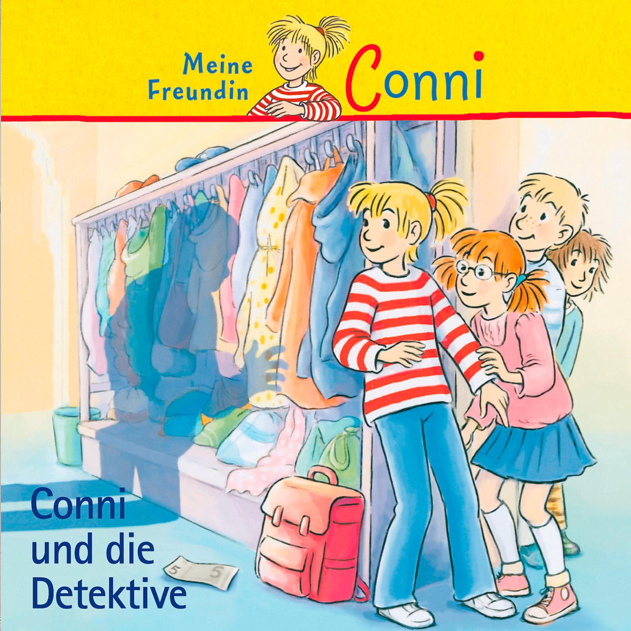 Conni und andere Kinder stehen vor einem Kleiderschrank, daneben liegt ein Geldschein auf dem Boden.