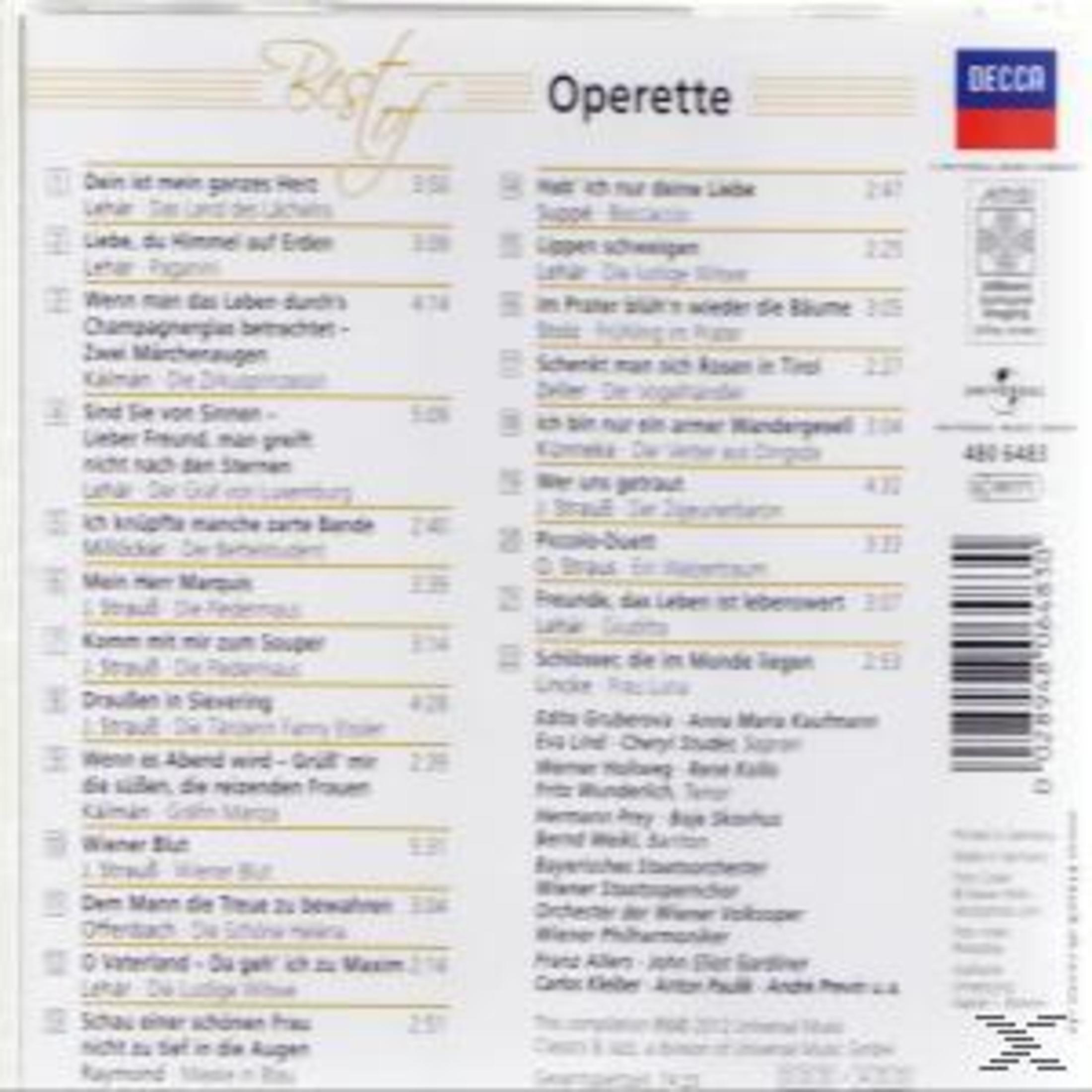 Rückseite einer CD-Hülle mit Operetten-Titelliste, Decca-Logo und Barcode.