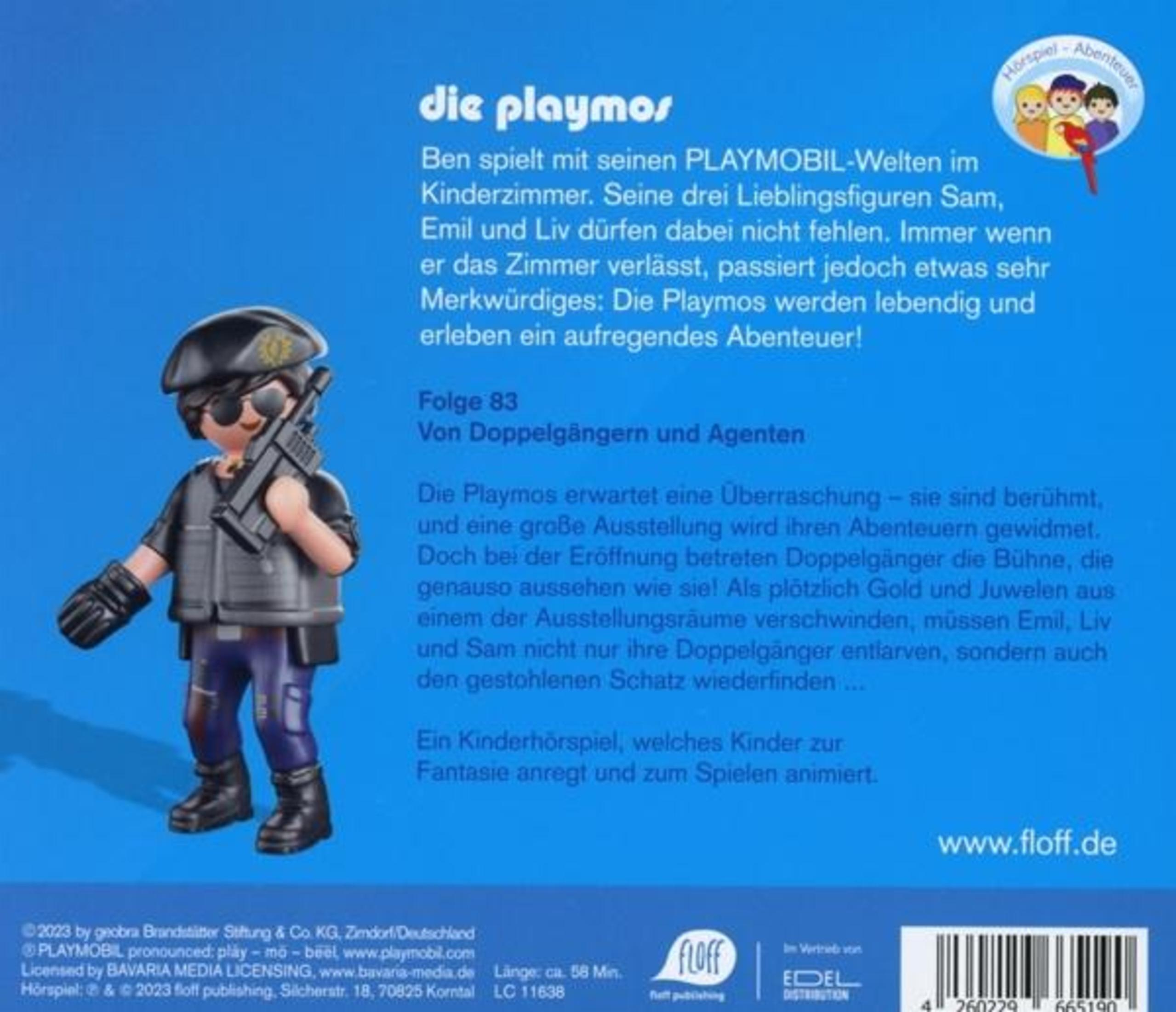Playmobil-Hörspielcover mit einer Agentenfigur in Schwarz auf blauem Hintergrund und Text.