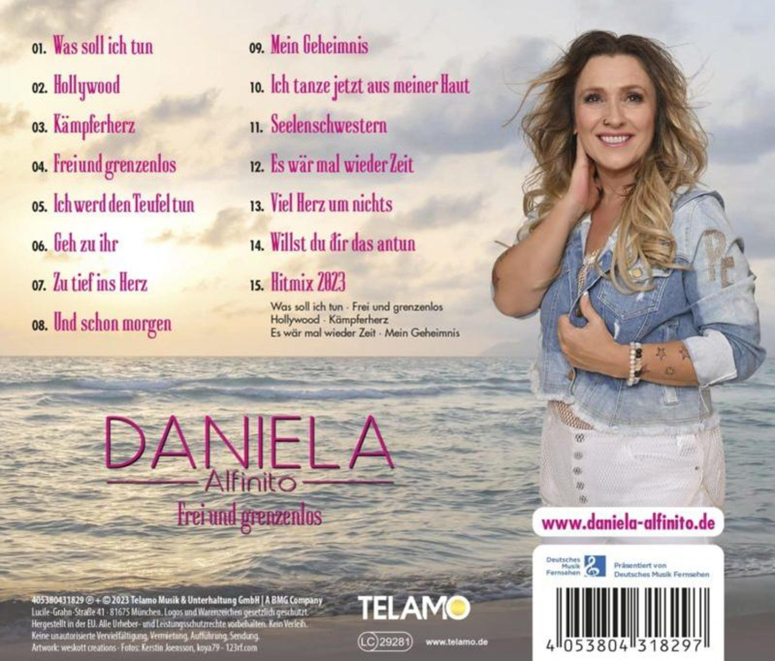Daniela Alfinito auf CD-Cover mit Trackliste und Meereshintergrund.