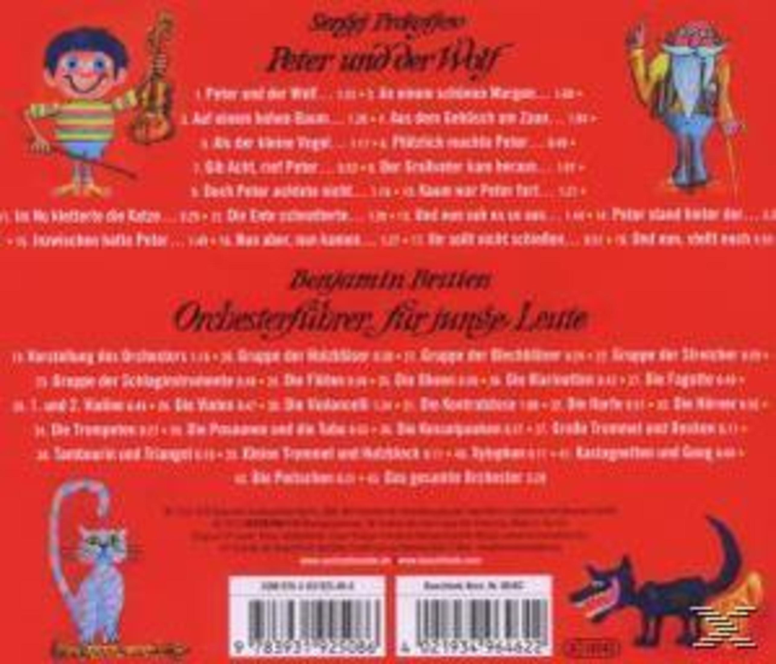 Rückseite einer Peter und der Wolf CD mit rotem Hintergrund und bunten Figuren.
