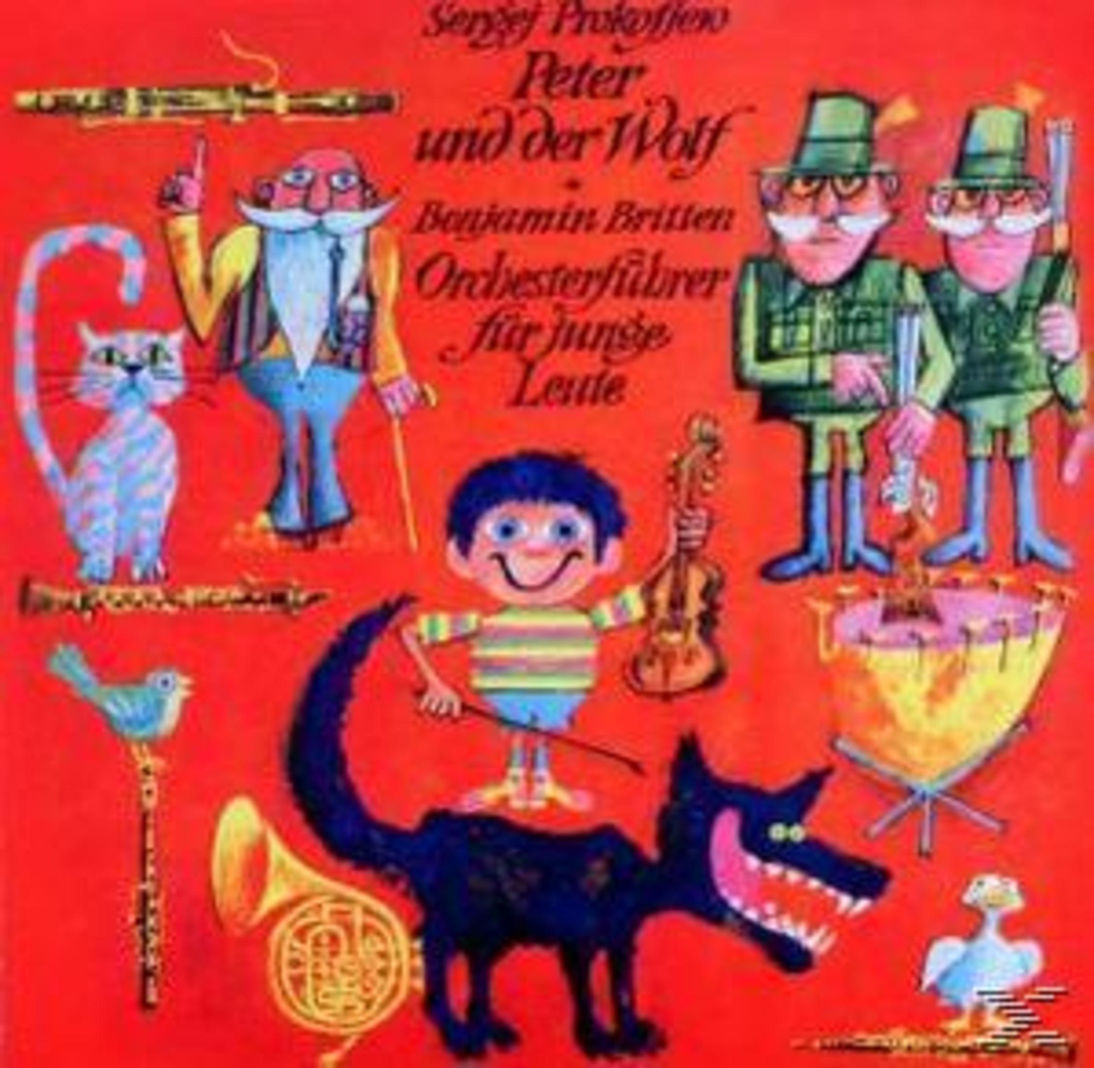 Albumcover von Peter und der Wolf mit farbigen Illustrationen von Charakteren und Musikinstrumenten.