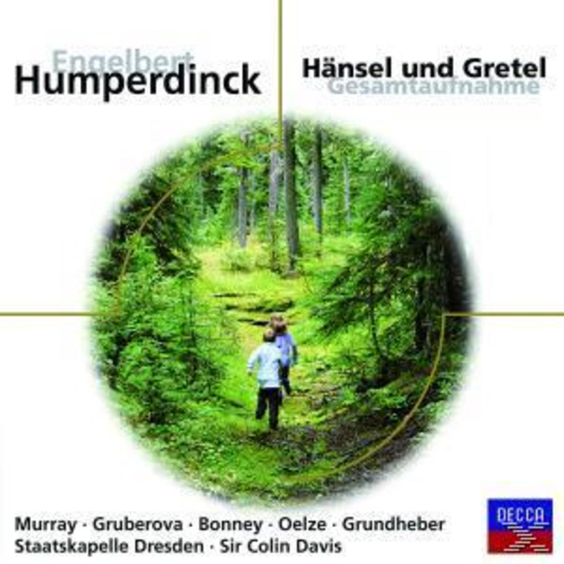 Albumcover für Humperdincks Hänsel und Gretel mit zwei Kindern auf einem Waldweg.
