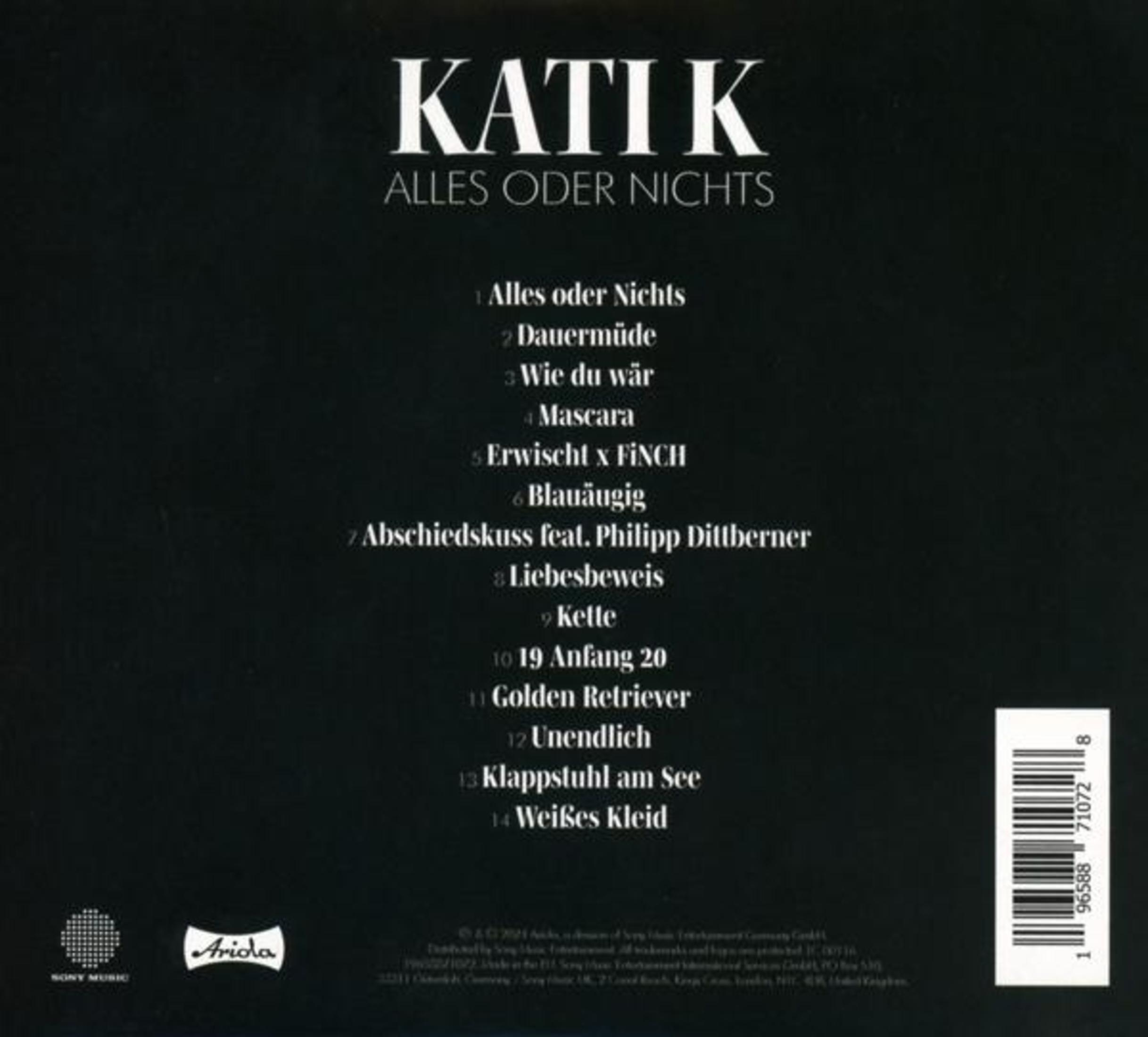 Rückseite des Albums Alles Oder Nichts von Kati K mit nummerierter Titelliste, Künstlernamen und Barcode.